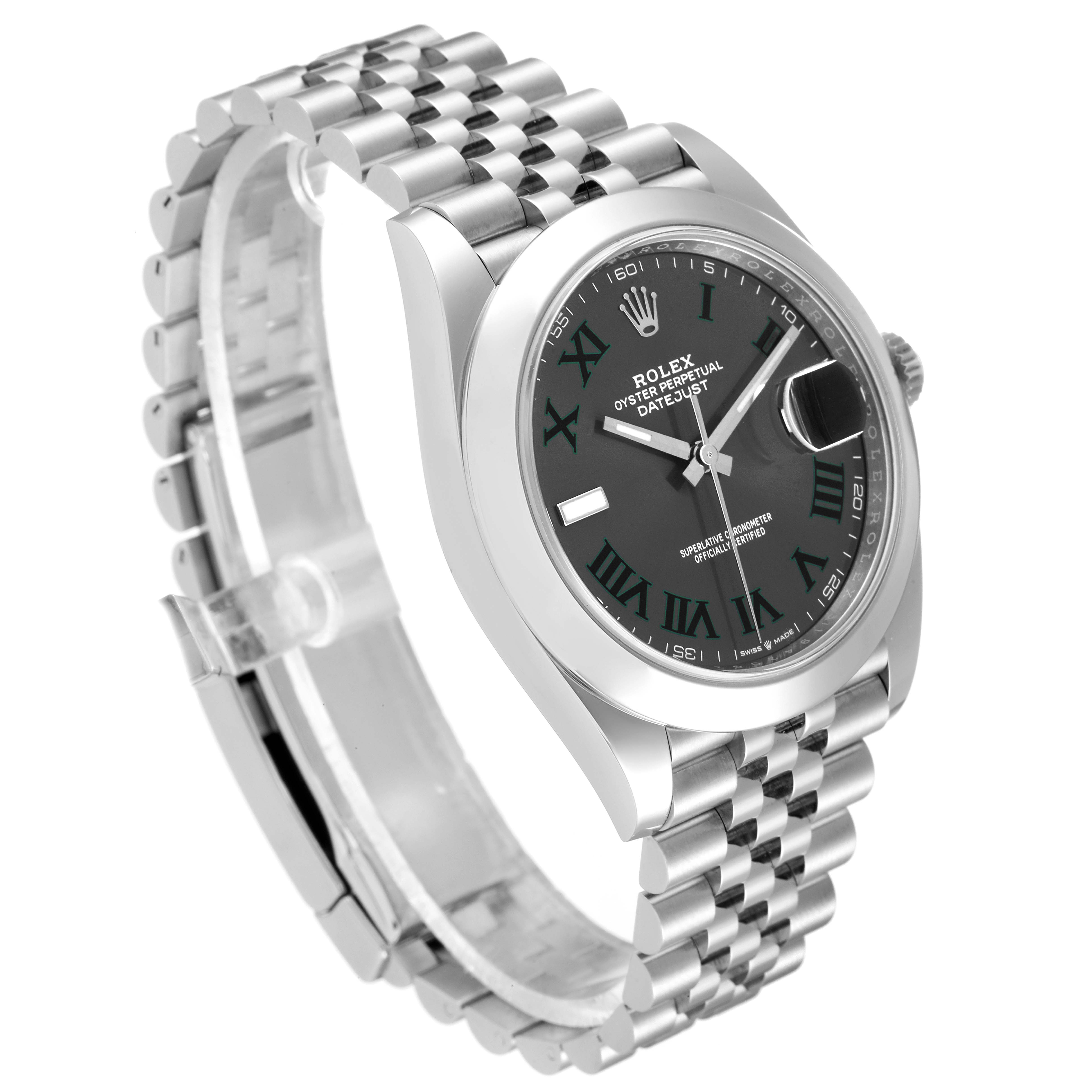 The image shows a Rolex Datejust 41 126300 Men
s Stainless Steel Grey Dial 126300 Men
s Stainless Steel Grey Dial watch viewed from a left-side angle, highlighting its bracelet and face.