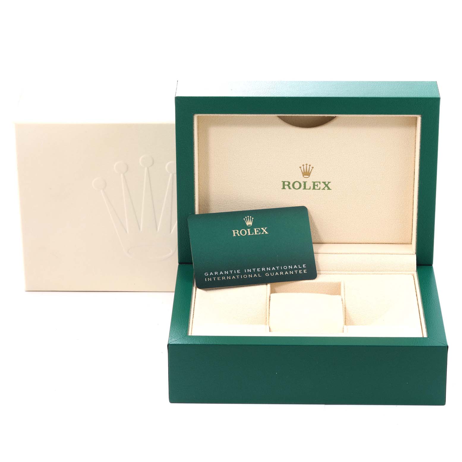 This image shows the open box and guarantee card of a Rolex Datejust 41 126331 Men's Steel and Gold (two tone) Pink Dial 126331 Men's Steel and Gold (two tone) Pink Dial watch, displayed from a frontal angle.