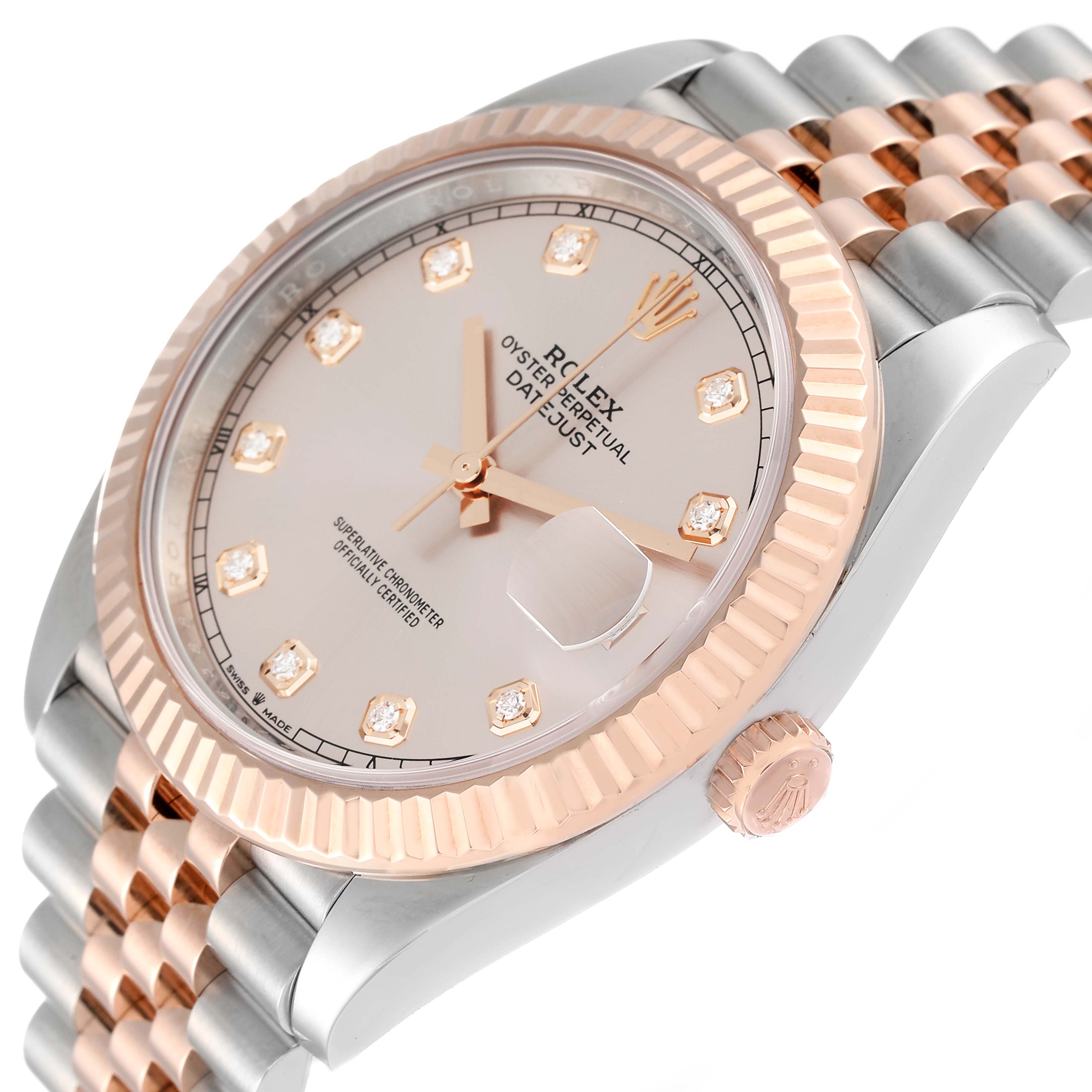 The image shows a Rolex Datejust 41 126331 Men's Steel and Gold (two tone) Pink Dial 126331 Men's Steel and Gold (two tone) Pink Dial watch from a three-quarter angle, highlighting the bezel, dial, and part of the bracelet.