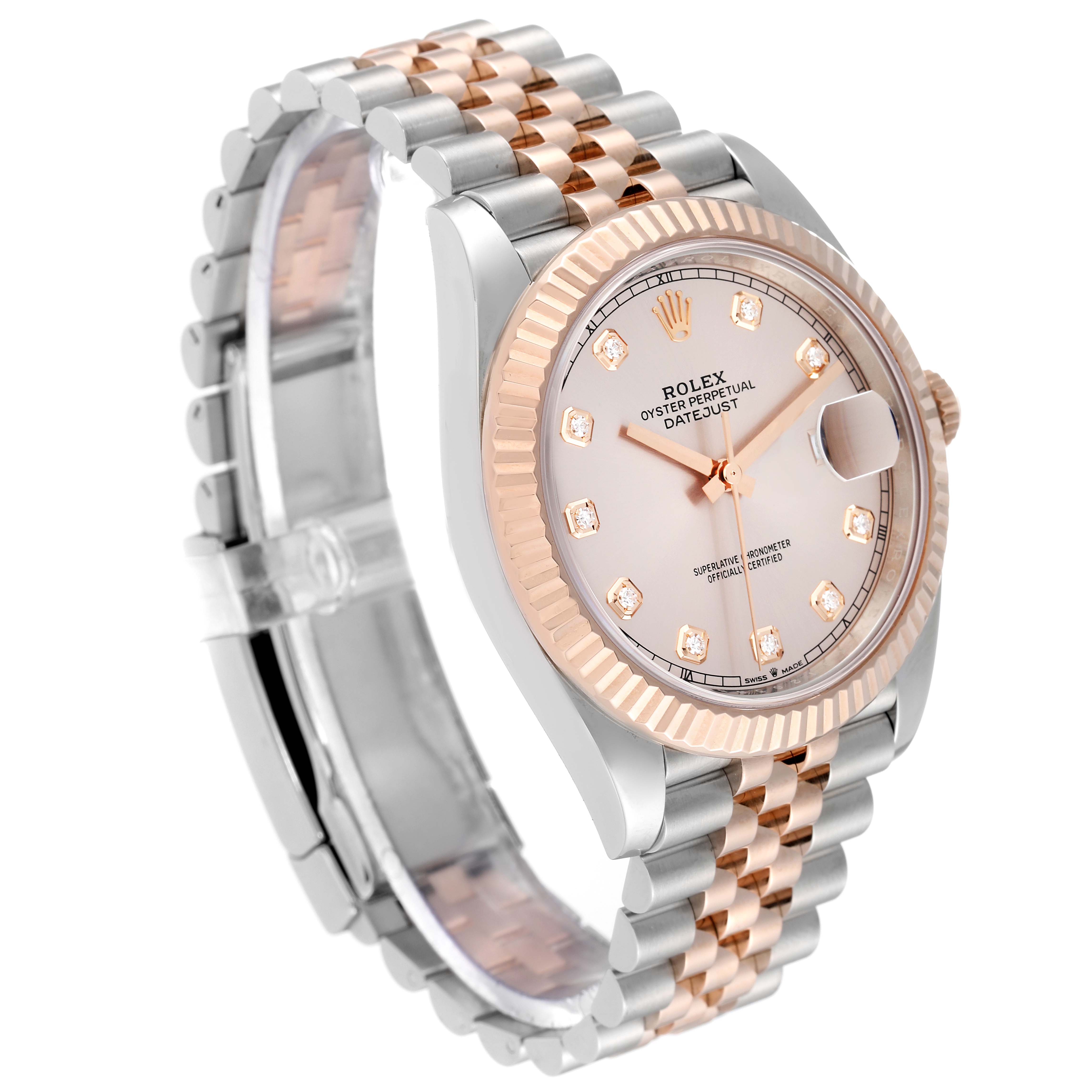 The image shows a side view of the Rolex Datejust 41 126331 Men's Steel and Gold (two tone) Pink Dial 126331 Men's Steel and Gold (two tone) Pink Dial watch, highlighting its dial, bezel, and two-tone bracelet.