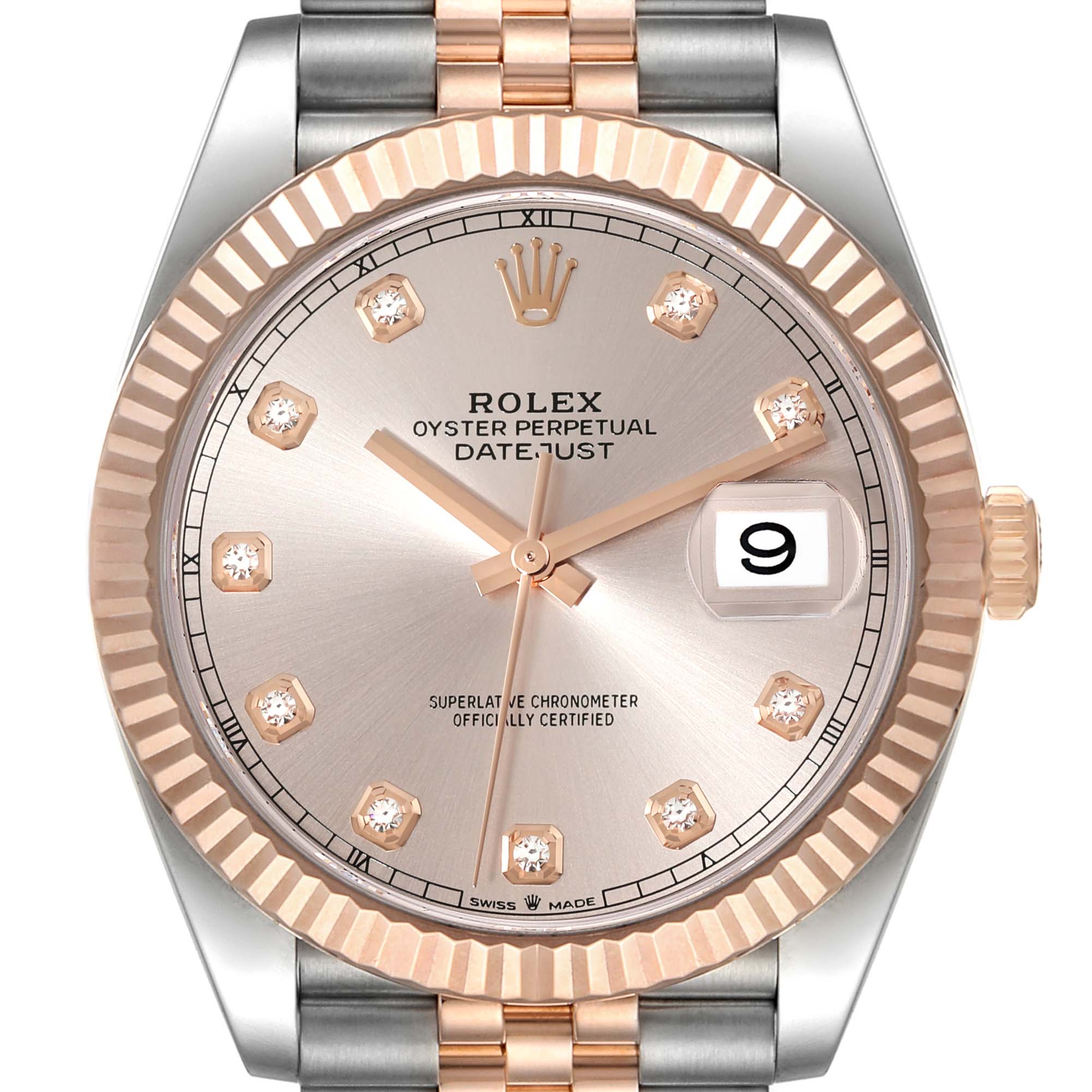 This image shows a frontal view of a Rolex Datejust 41 126331 Men's Steel and Gold (two tone) Pink Dial 126331 Men's Steel and Gold (two tone) Pink Dial watch, highlighting the dial, bezel, and part of the jubilee bracelet.