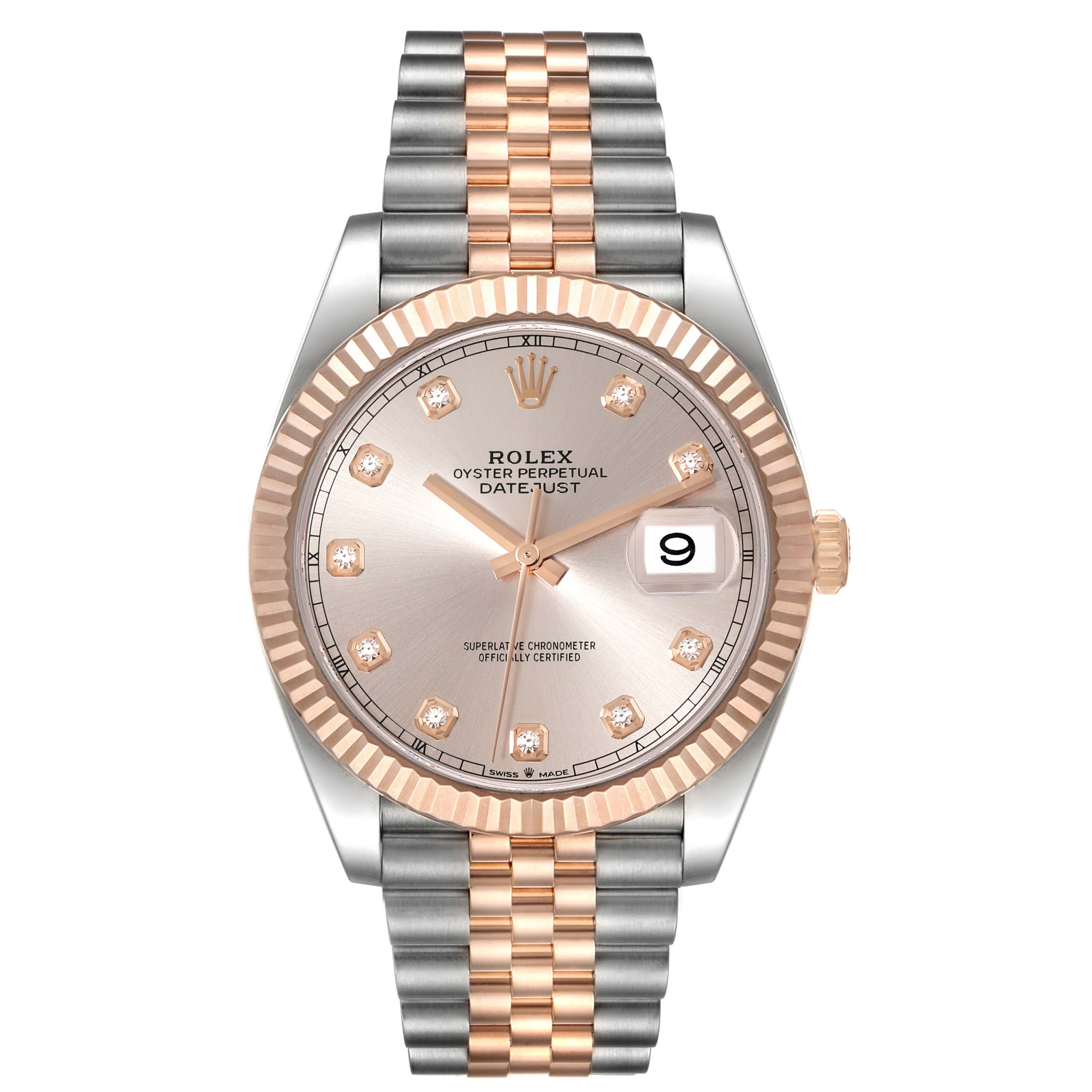 The image shows a front view of the Rolex Datejust 41 126331 Men's Steel and Gold (two tone) Pink Dial 126331 Men's Steel and Gold (two tone) Pink Dial watch, highlighting the dial, bezel, and two-tone bracelet.