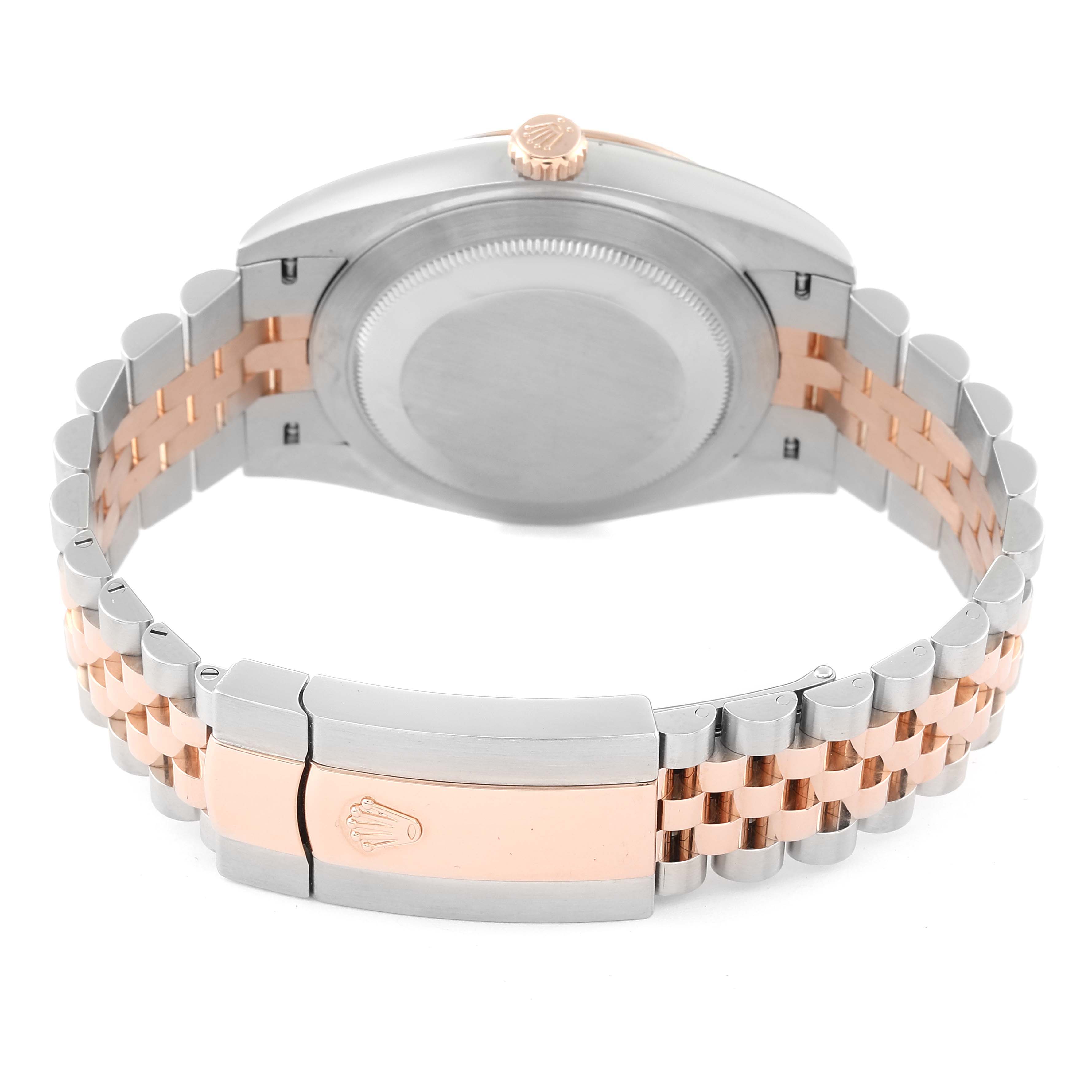 The image shows the back of the Rolex Datejust 41 126331 Men's Steel and Gold (two tone) Pink Dial 126331 Men's Steel and Gold (two tone) Pink Dial watch, highlighting the case back and two-tone bracelet with clasp.