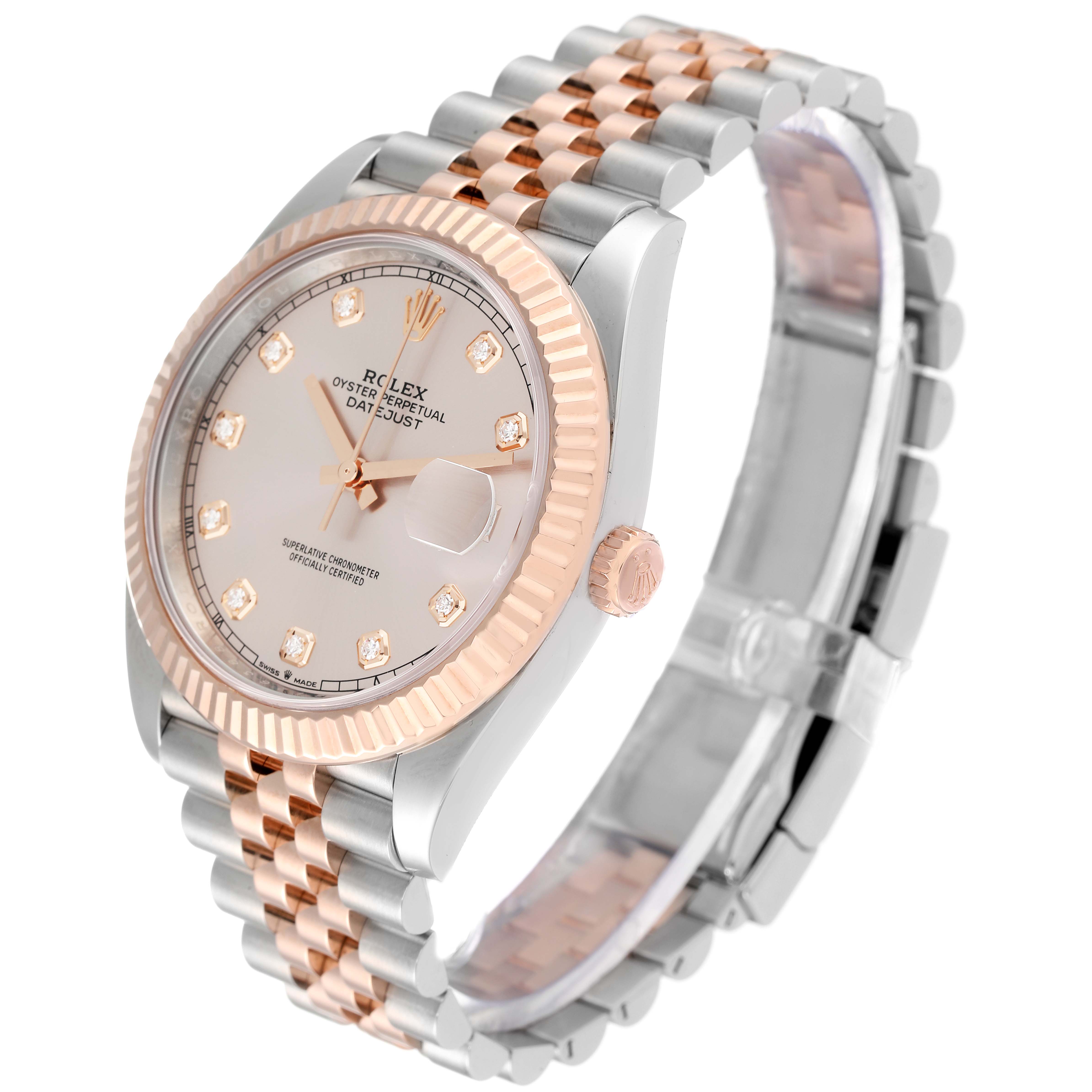 The Rolex Datejust 41 126331 Men's Steel and Gold (two tone) Pink Dial 126331 Men's Steel and Gold (two tone) Pink Dial watch is shown from a three-quarter top-right angle, highlighting the dial, bezel, and Jubilee bracelet.