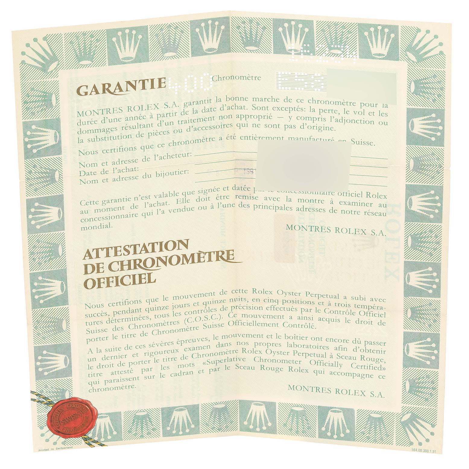 This is a warranty certificate for the Rolex Datejust 16234 Men's Stainless Steel Blue Dial 16234 Men's Stainless Steel Blue Dial model, displaying guarantee and chronometer attestation information.