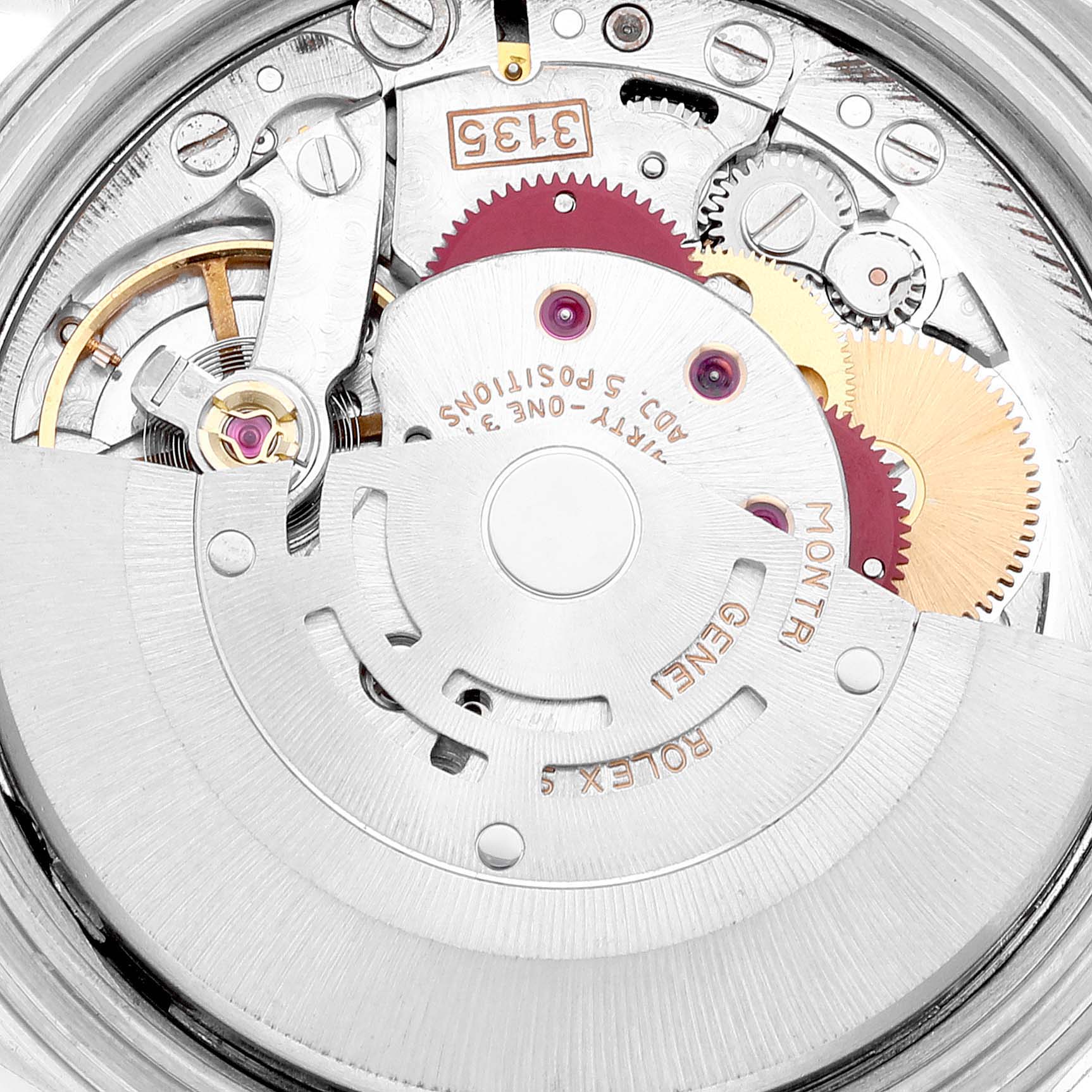 This image shows the movement mechanism inside a Rolex Datejust 16234 Men's Stainless Steel Blue Dial 16234 Men's Stainless Steel Blue Dial watch from a top-down angle.