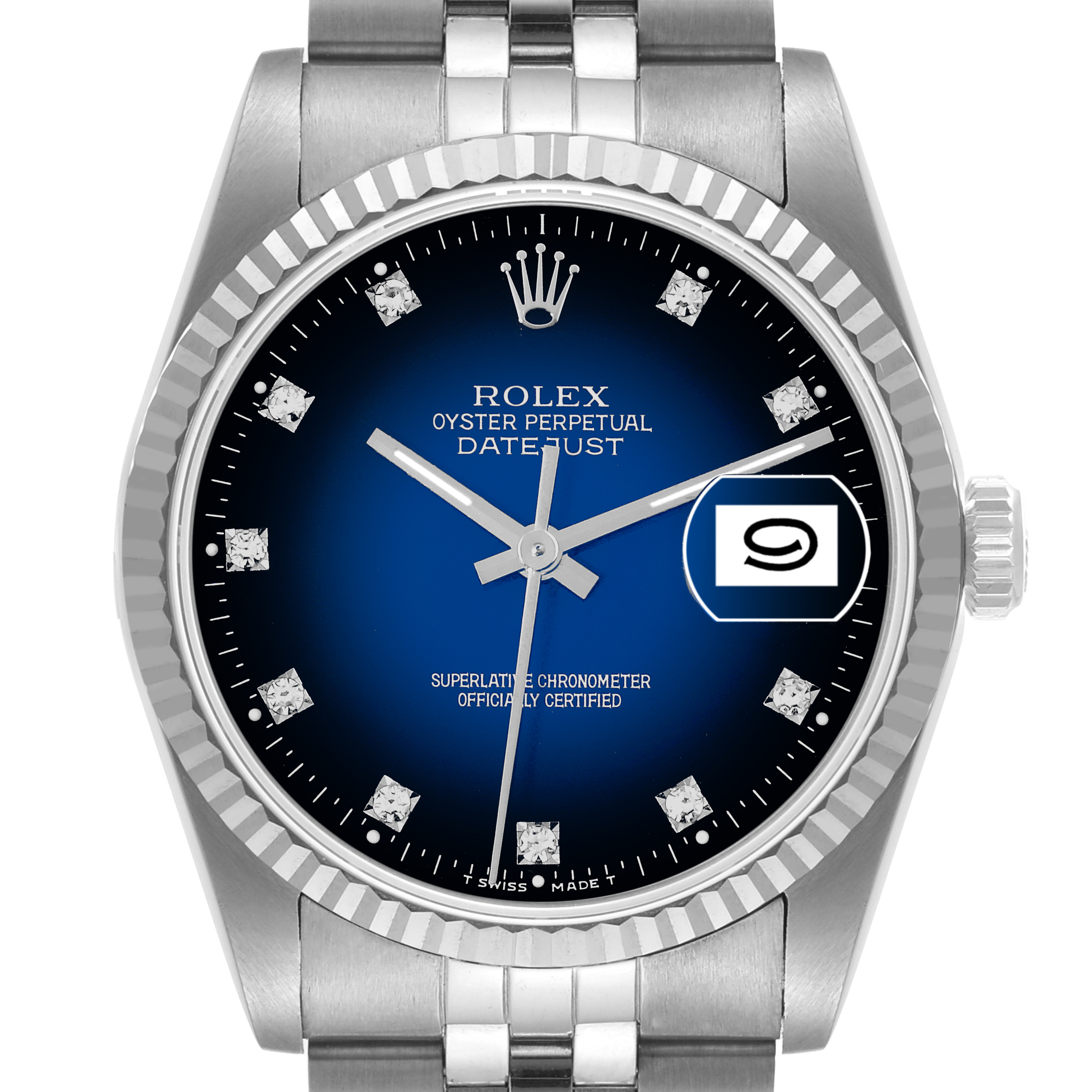 This image shows a front view of a Rolex Datejust 16234 Men's Stainless Steel Blue Dial 16234 Men's Stainless Steel Blue Dial watch, highlighting its dial, bezel, crown, and part of the bracelet.