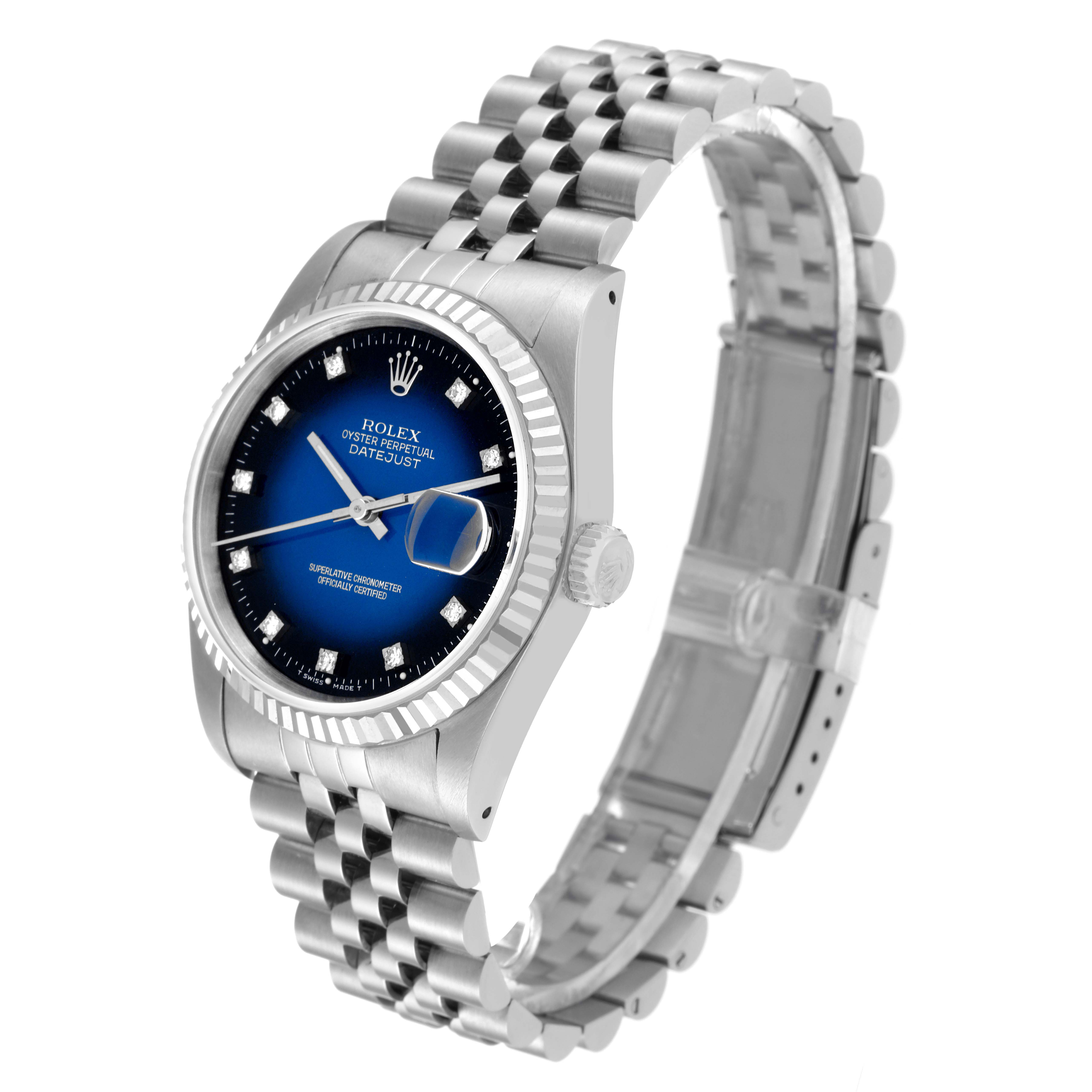 The image shows a Rolex Datejust 16234 Men's Stainless Steel Blue Dial 16234 Men's Stainless Steel Blue Dial watch at a three-quarter angle, highlighting its blue dial, jubilee bracelet, and fluted bezel.