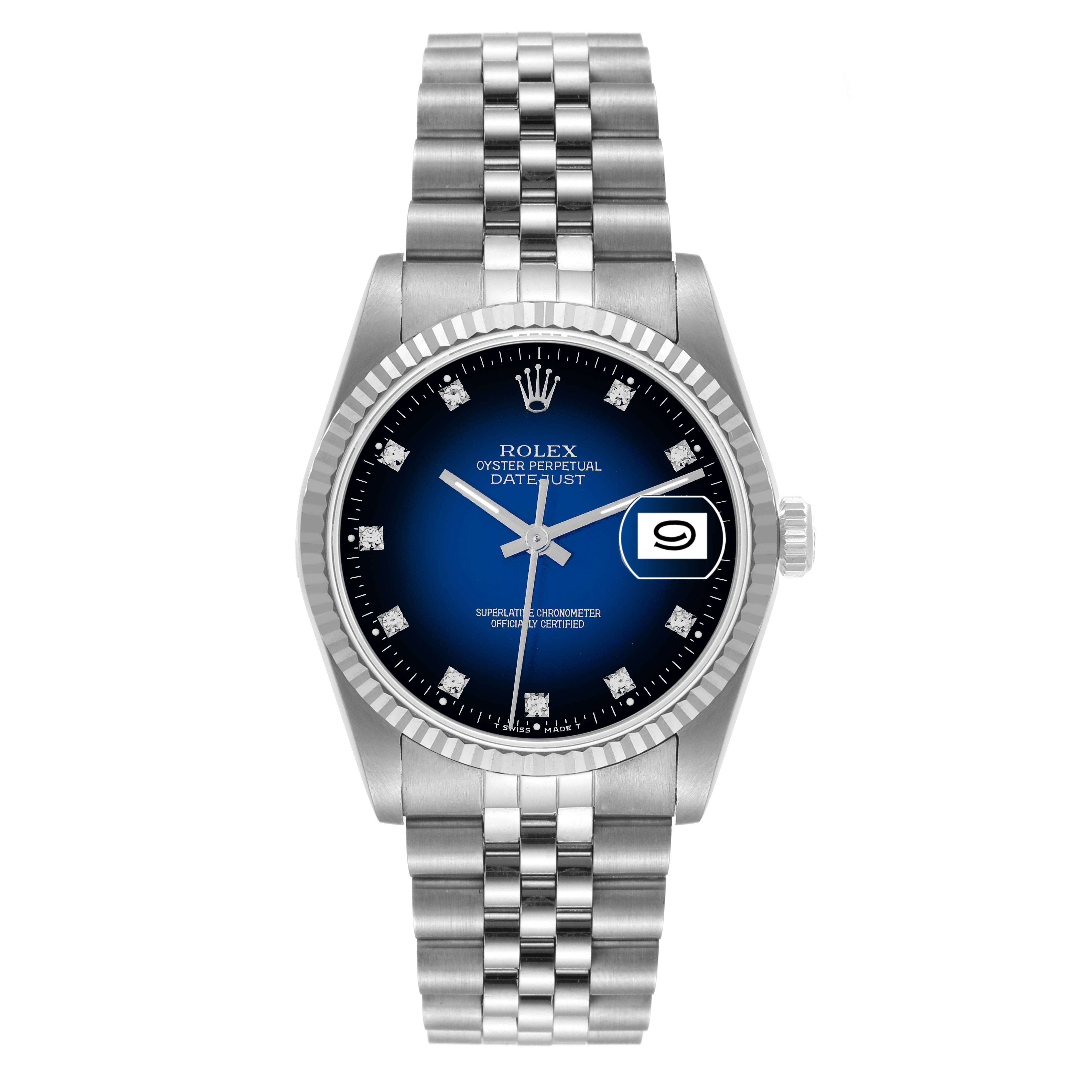 The Rolex Datejust 16234 Men's Stainless Steel Blue Dial 16234 Men's Stainless Steel Blue Dial watch is shown from a front angle, displaying its blue dial, diamond markers, fluted bezel, and Jubilee bracelet.