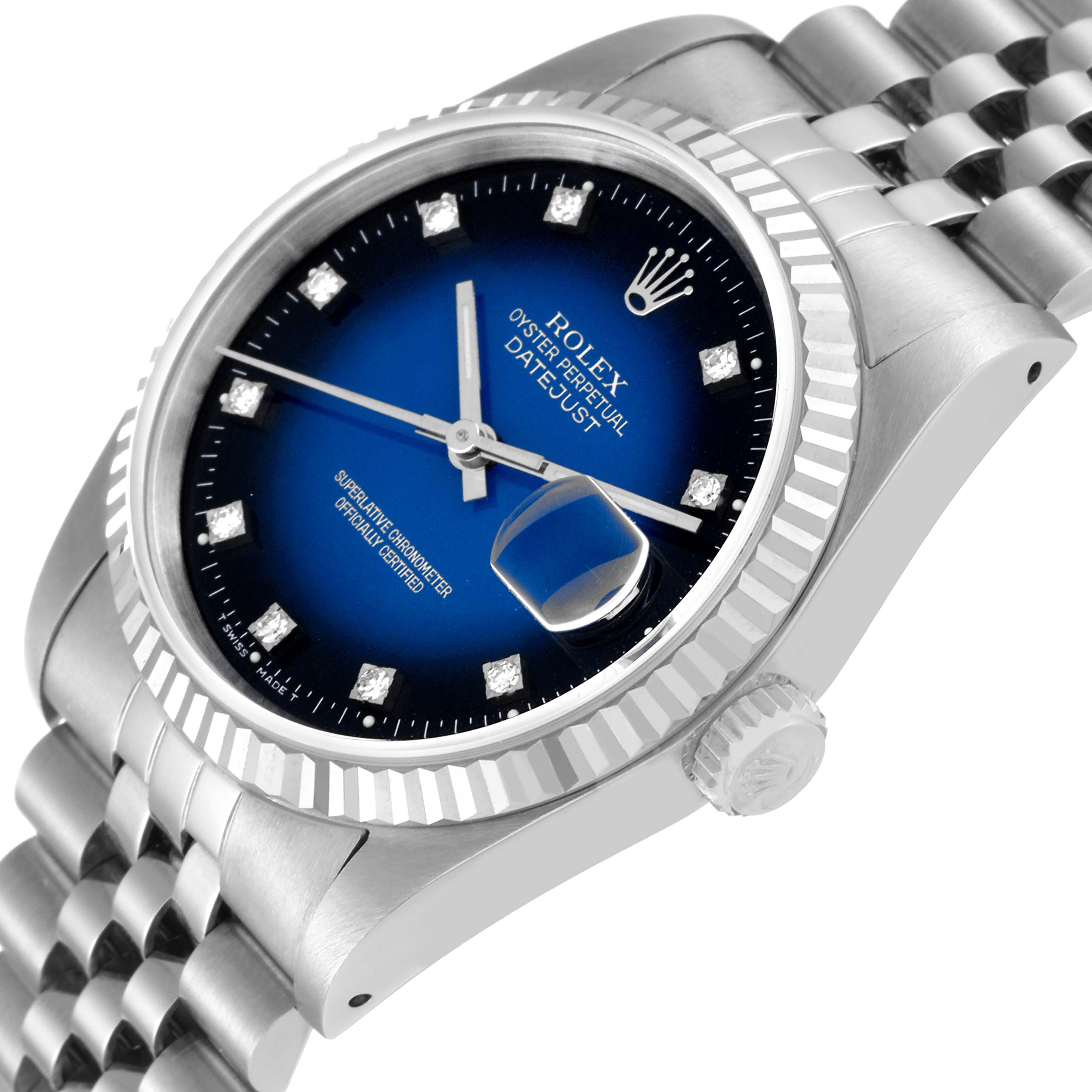 This image shows a Rolex Datejust 16234 Men's Stainless Steel Blue Dial 16234 Men's Stainless Steel Blue Dial watch at a slight angle, highlighting the blue dial, fluted bezel, and jubilee bracelet.