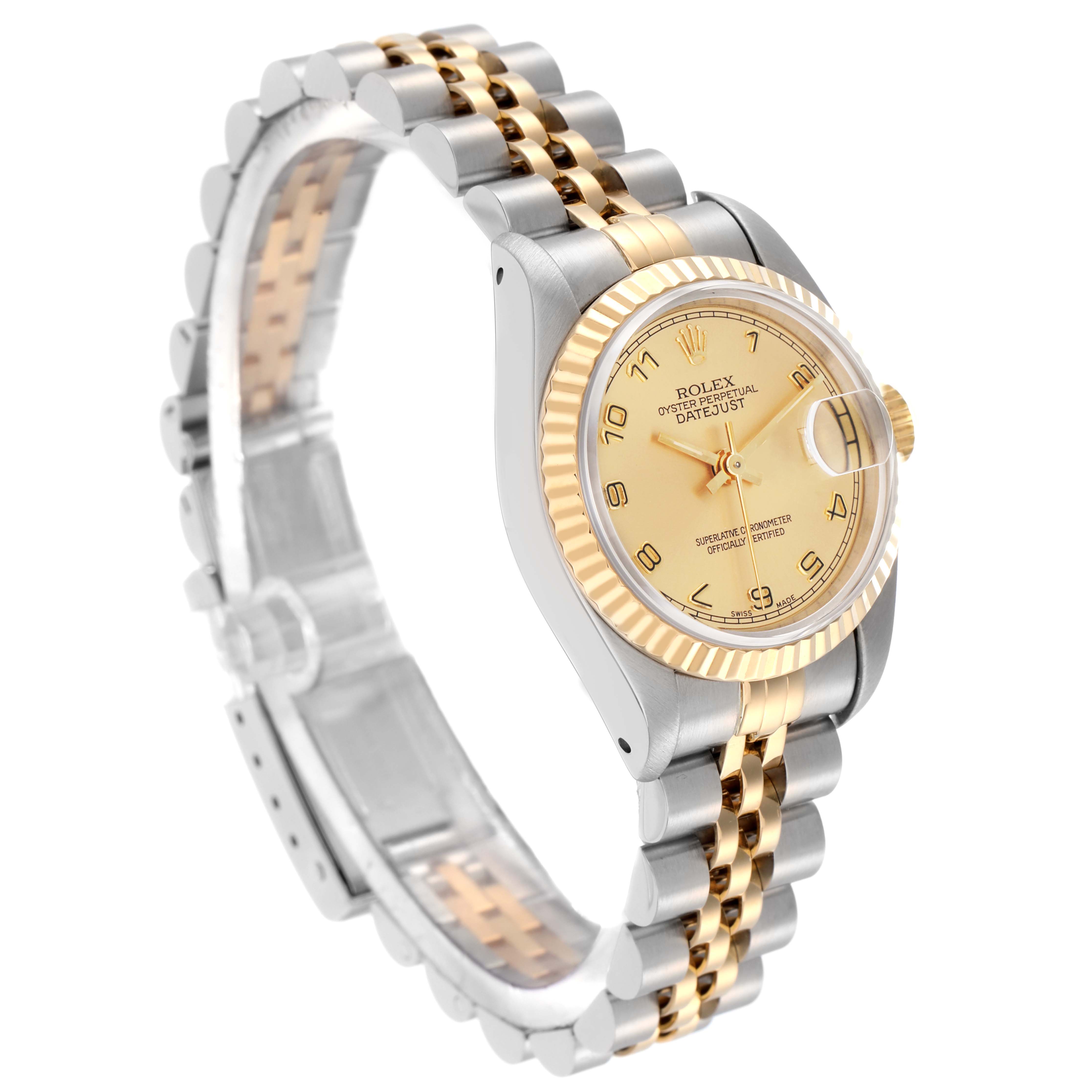 The Rolex Datejust 69173 Women
s Steel and Gold (two tone) Champagne Dial 69173 Women
s Steel and Gold (two tone) Champagne Dial watch is shown at an angle highlighting the dial, bezel, crown, and bracelet.