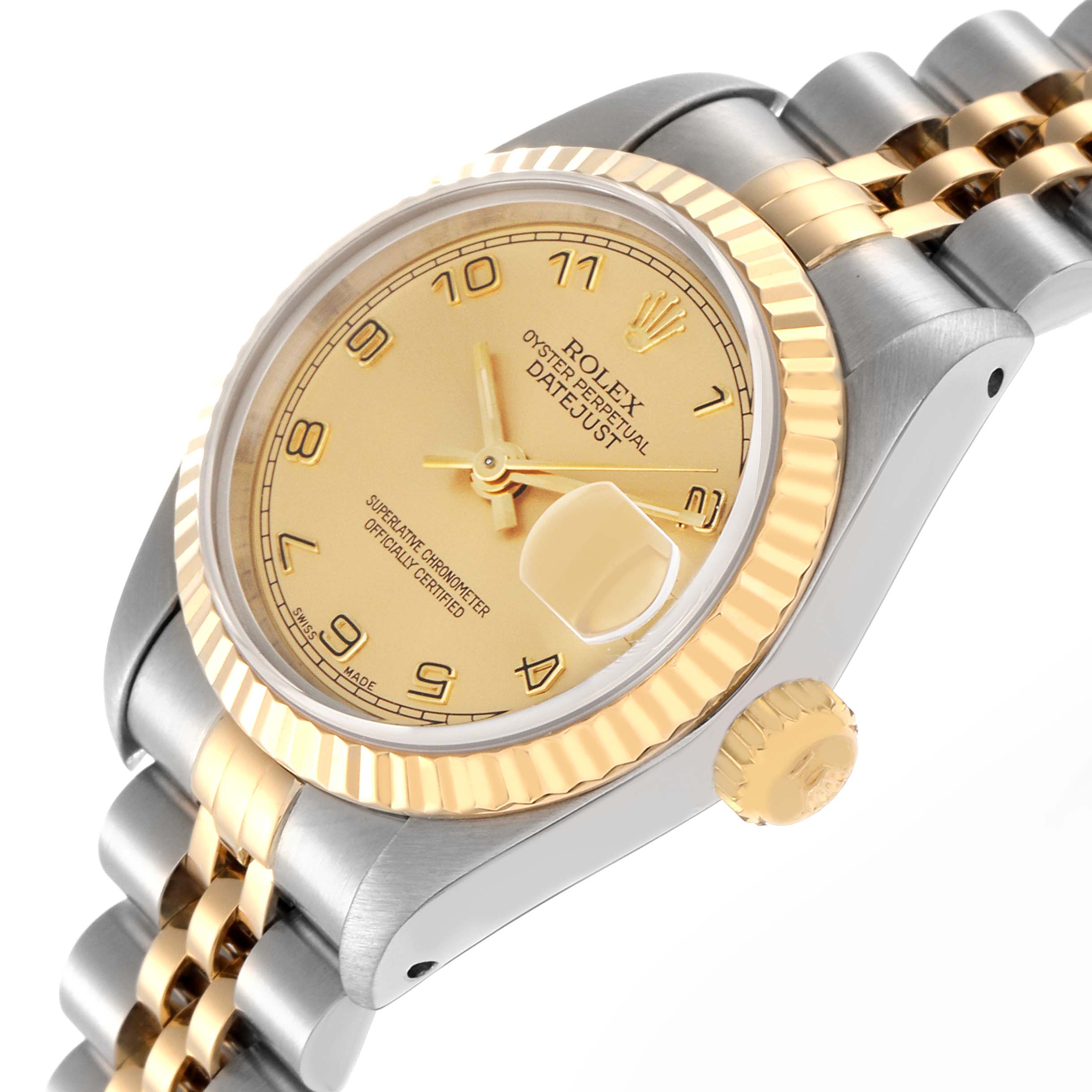 The Rolex Datejust 69173 Women
s Steel and Gold (two tone) Champagne Dial 69173 Women
s Steel and Gold (two tone) Champagne Dial is shown at an angle highlighting the gold bezel, dial, crown, and two-tone Jubilee bracelet.