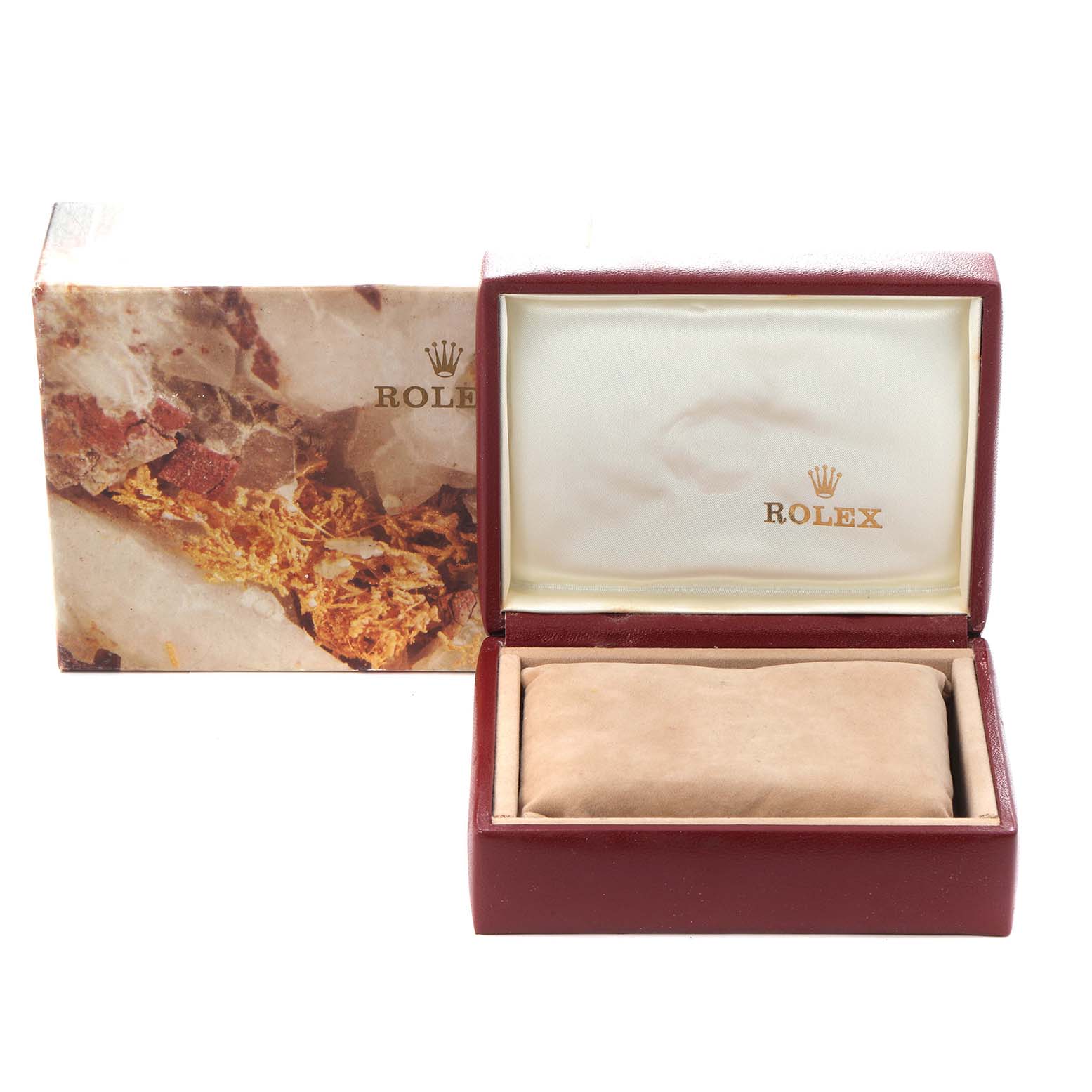 The image shows a Rolex Datejust 69173 Women
s Steel and Gold (two tone) Champagne Dial 69173 Women
s Steel and Gold (two tone) Champagne Dial box at an angle displaying the outer packaging and inner cushion.