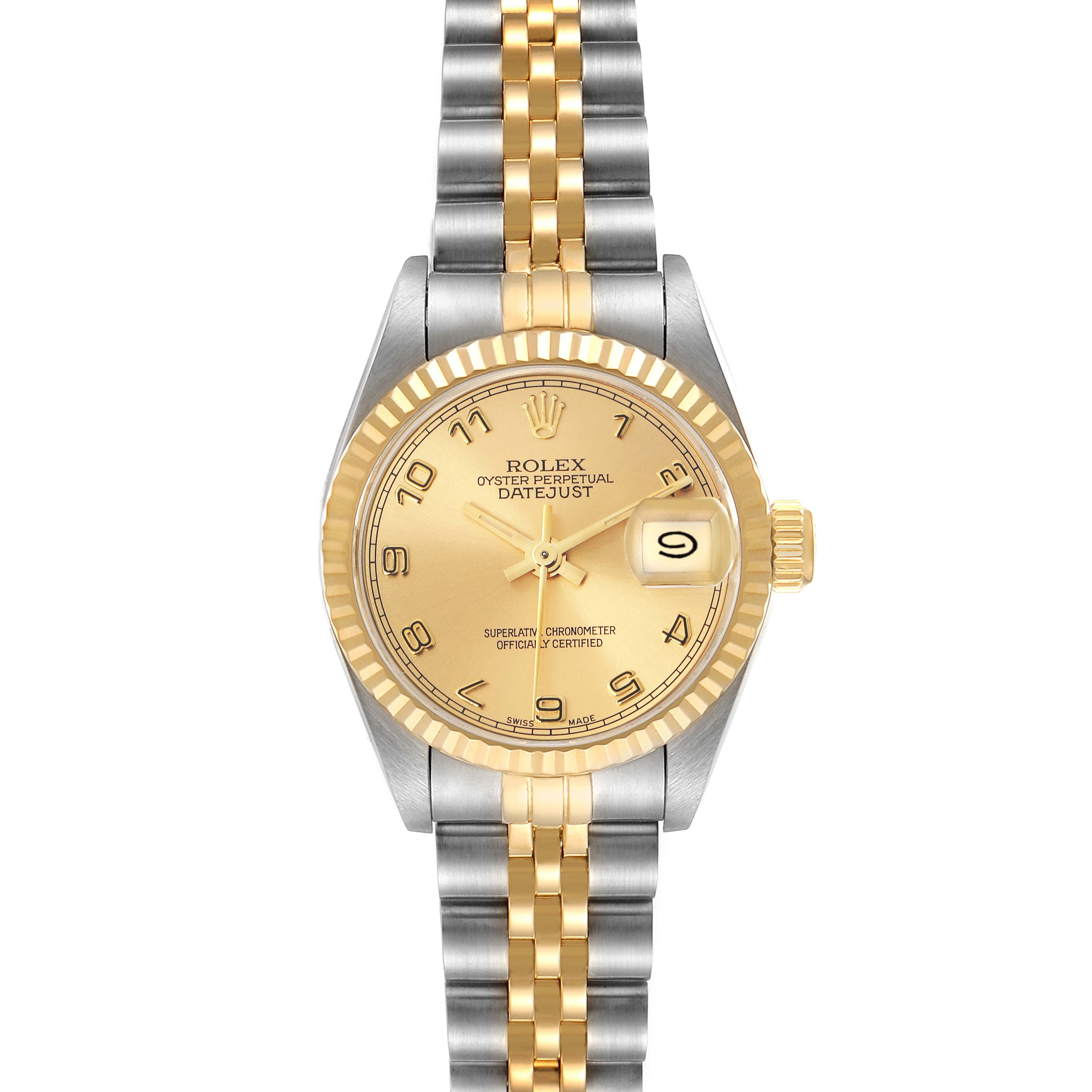 The Rolex Datejust 69173 Women
s Steel and Gold (two tone) Champagne Dial 69173 Women
s Steel and Gold (two tone) Champagne Dial watch is shown from a top-down angle, displaying the face, bezel, crown, and two-tone bracelet.