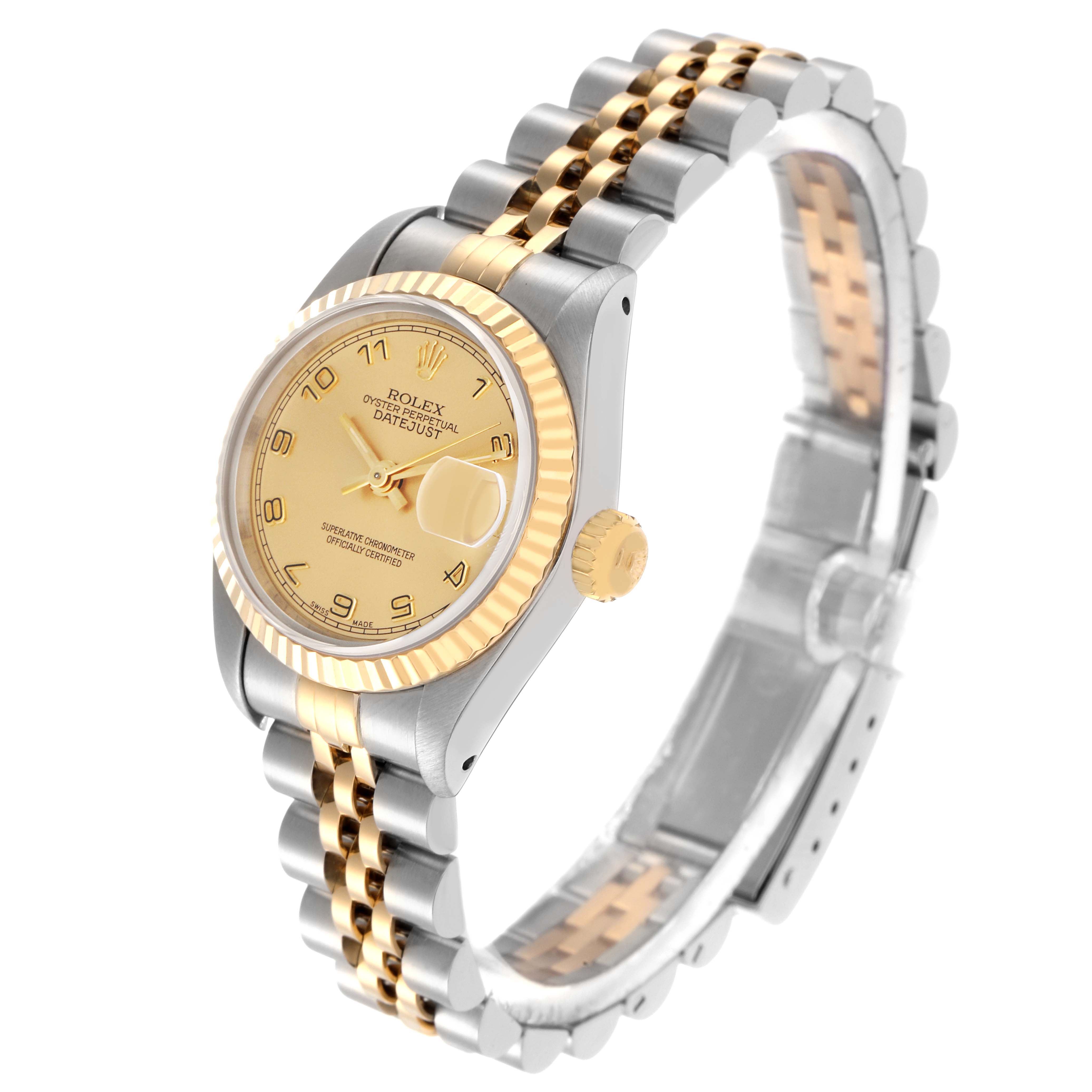 The Rolex Datejust 69173 Women
s Steel and Gold (two tone) Champagne Dial 69173 Women
s Steel and Gold (two tone) Champagne Dial is shown from a front-right angle, displaying its dial, bezel, crown, and two-tone Jubilee bracelet.