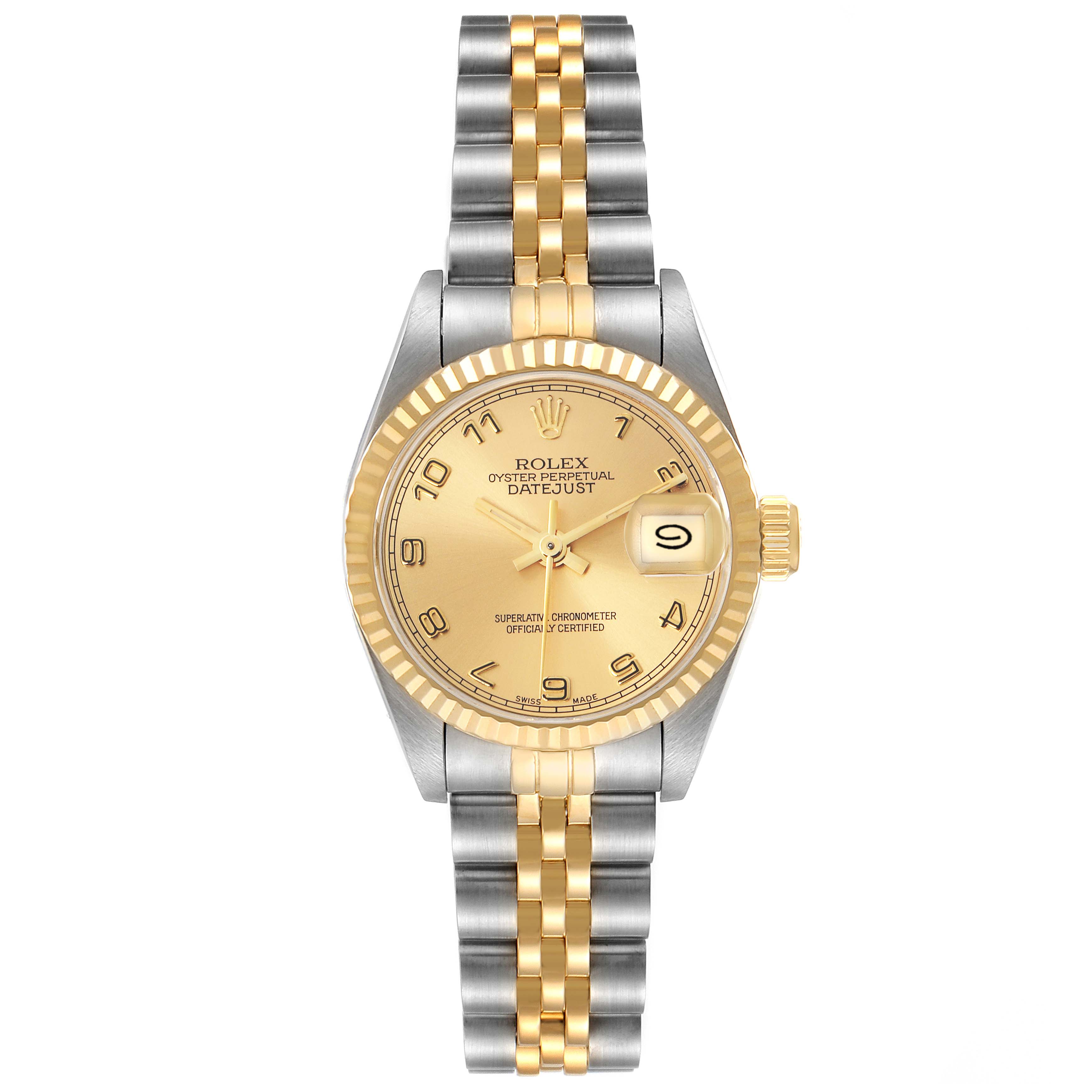 The Rolex Datejust 69173 Women
s Steel and Gold (two tone) Champagne Dial 69173 Women
s Steel and Gold (two tone) Champagne Dial is shown from a front angle, highlighting the dial, bracelet, and fluted bezel.
