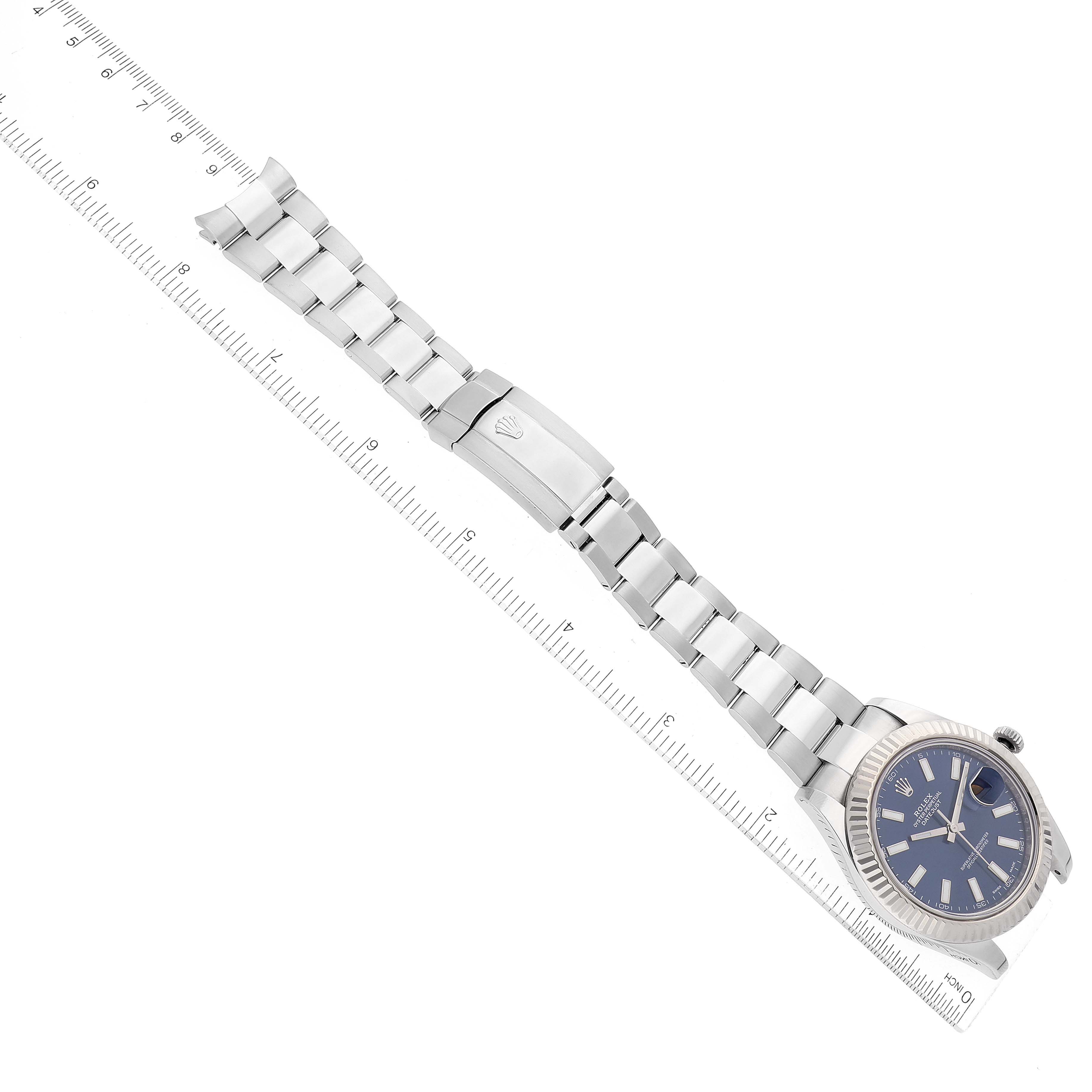 The Rolex Datejust 41 116334 Men
s Stainless Steel Blue Dial 116334 Men
s Stainless Steel Blue Dial is shown from above, displaying the face, bezel, and full metal bracelet.