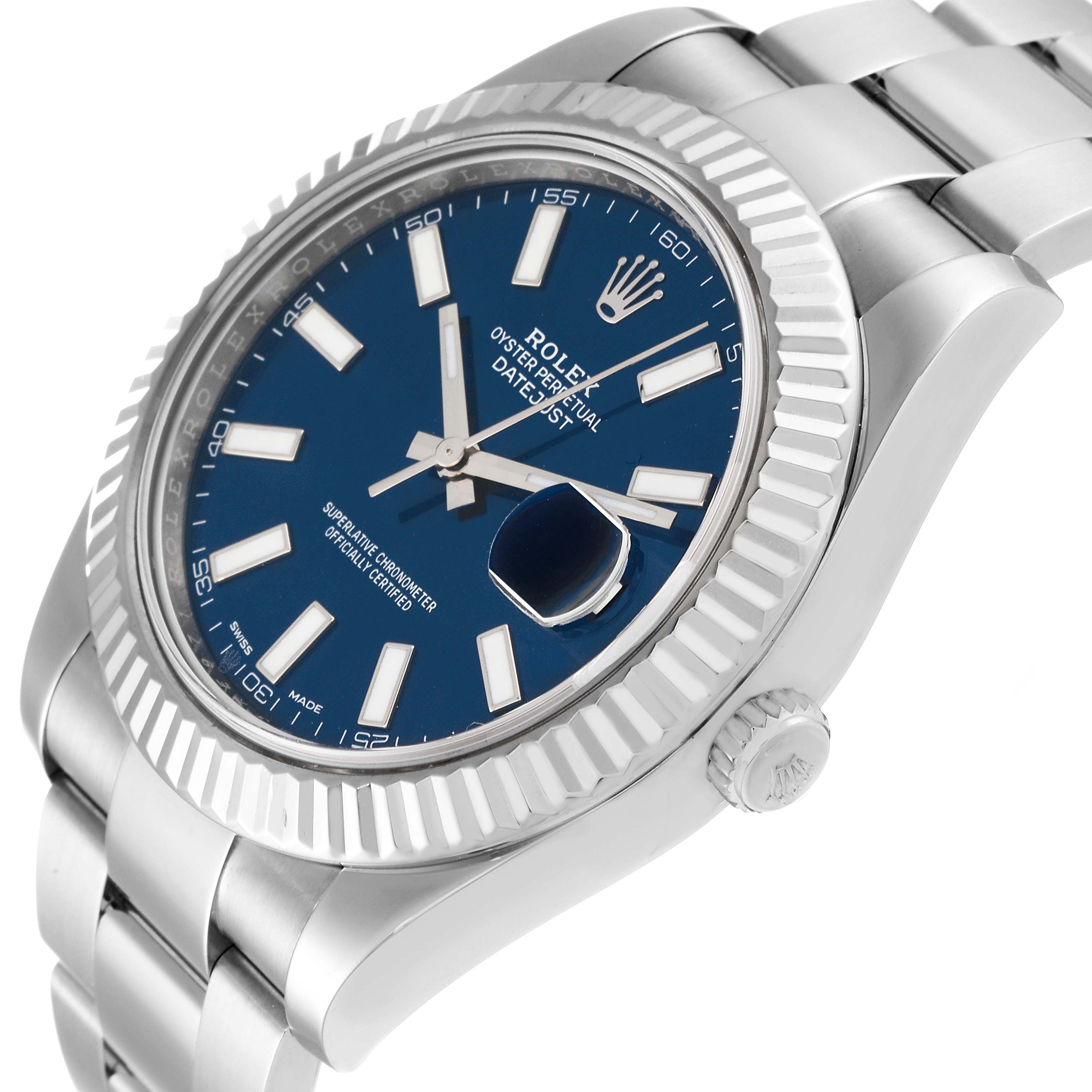 This image shows the Rolex Datejust 41 116334 Men
s Stainless Steel Blue Dial 116334 Men
s Stainless Steel Blue Dial watch from an angled side view, highlighting the dial, bezel, crown, and bracelet.