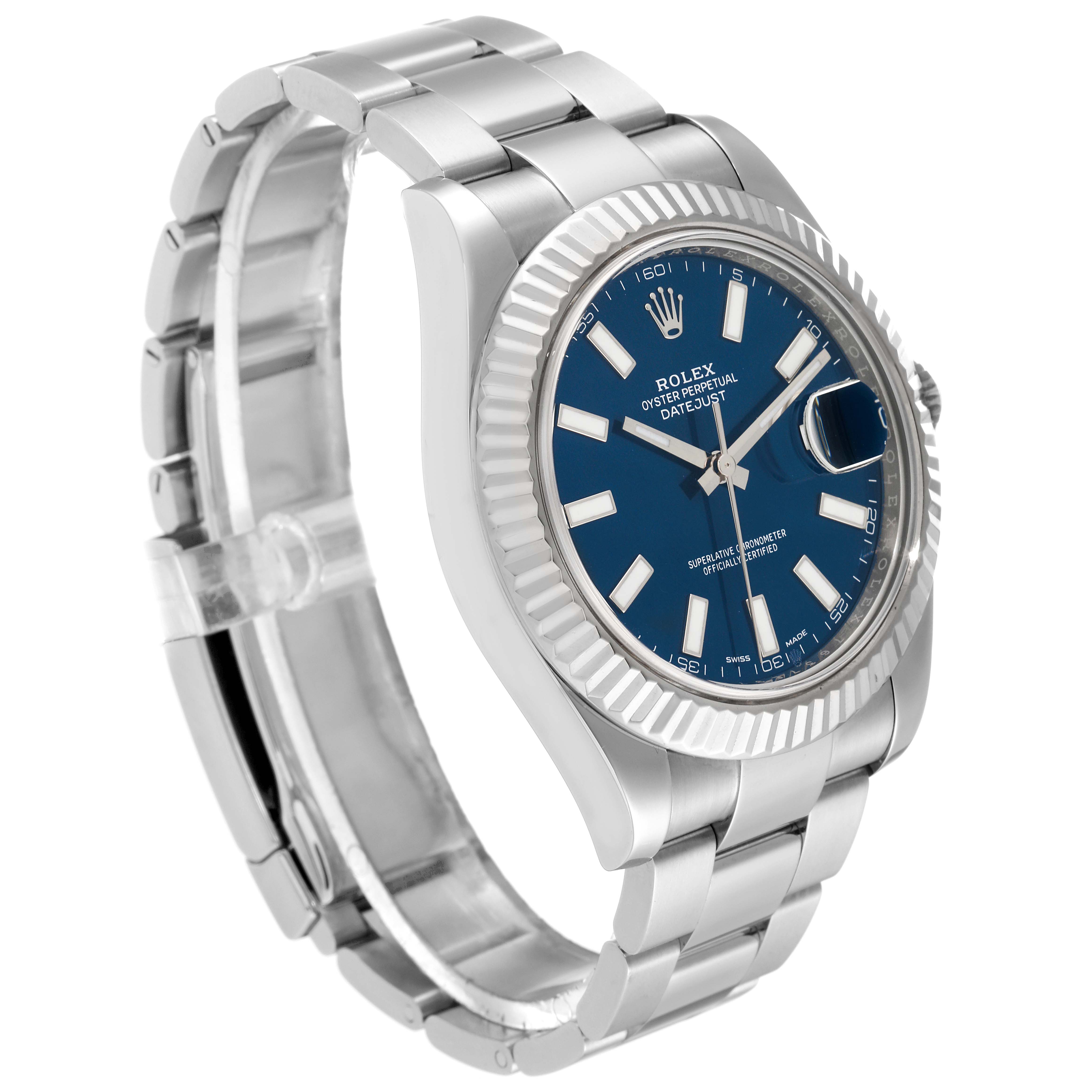 The Rolex Datejust 41 116334 Men
s Stainless Steel Blue Dial 116334 Men
s Stainless Steel Blue Dial watch is shown at an angled side view, highlighting the bracelet, case, and blue dial.