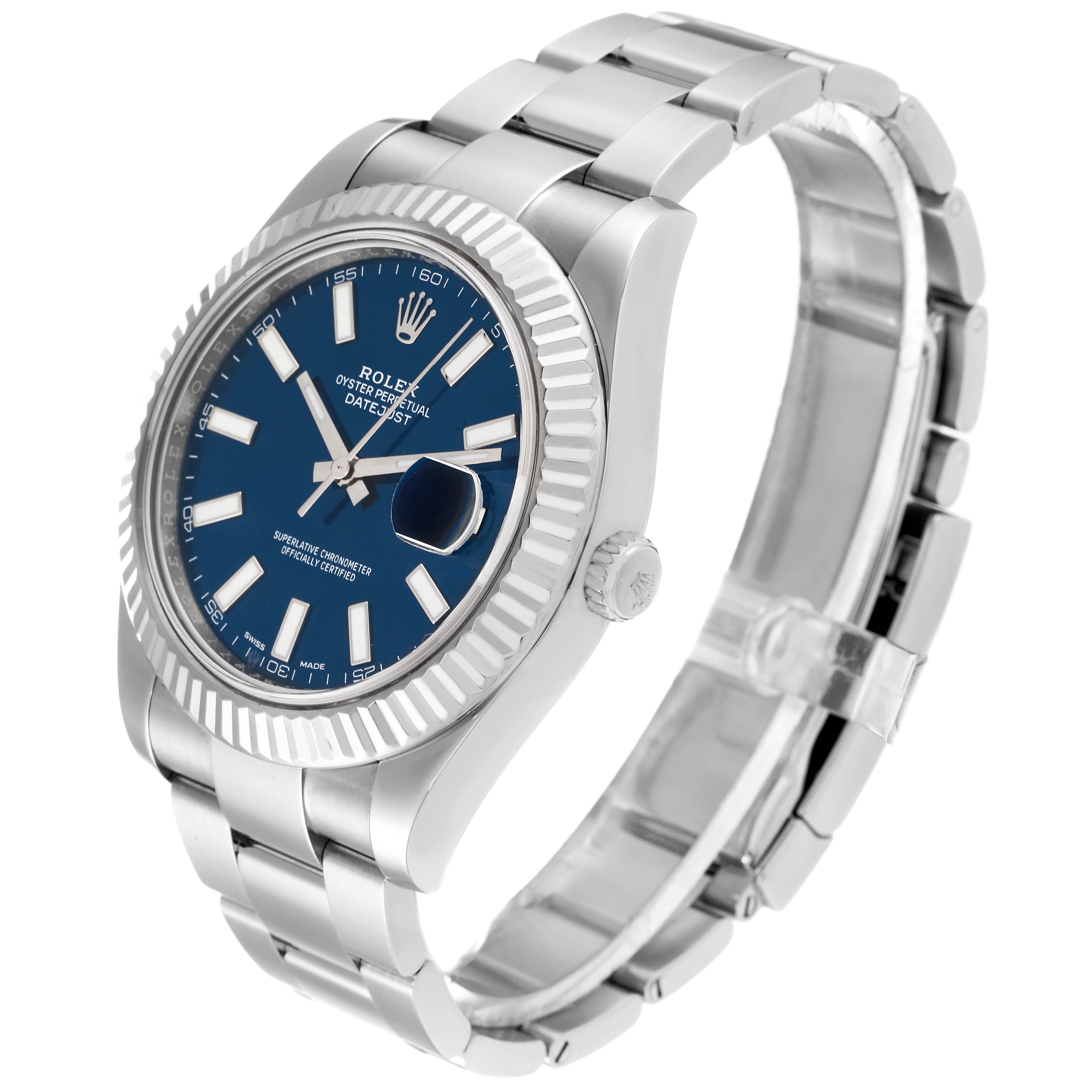The Rolex Datejust 41 116334 Men
s Stainless Steel Blue Dial 116334 Men
s Stainless Steel Blue Dial model is shown at a three-quarter angle, highlighting the watch face, bezel, case, and bracelet.
