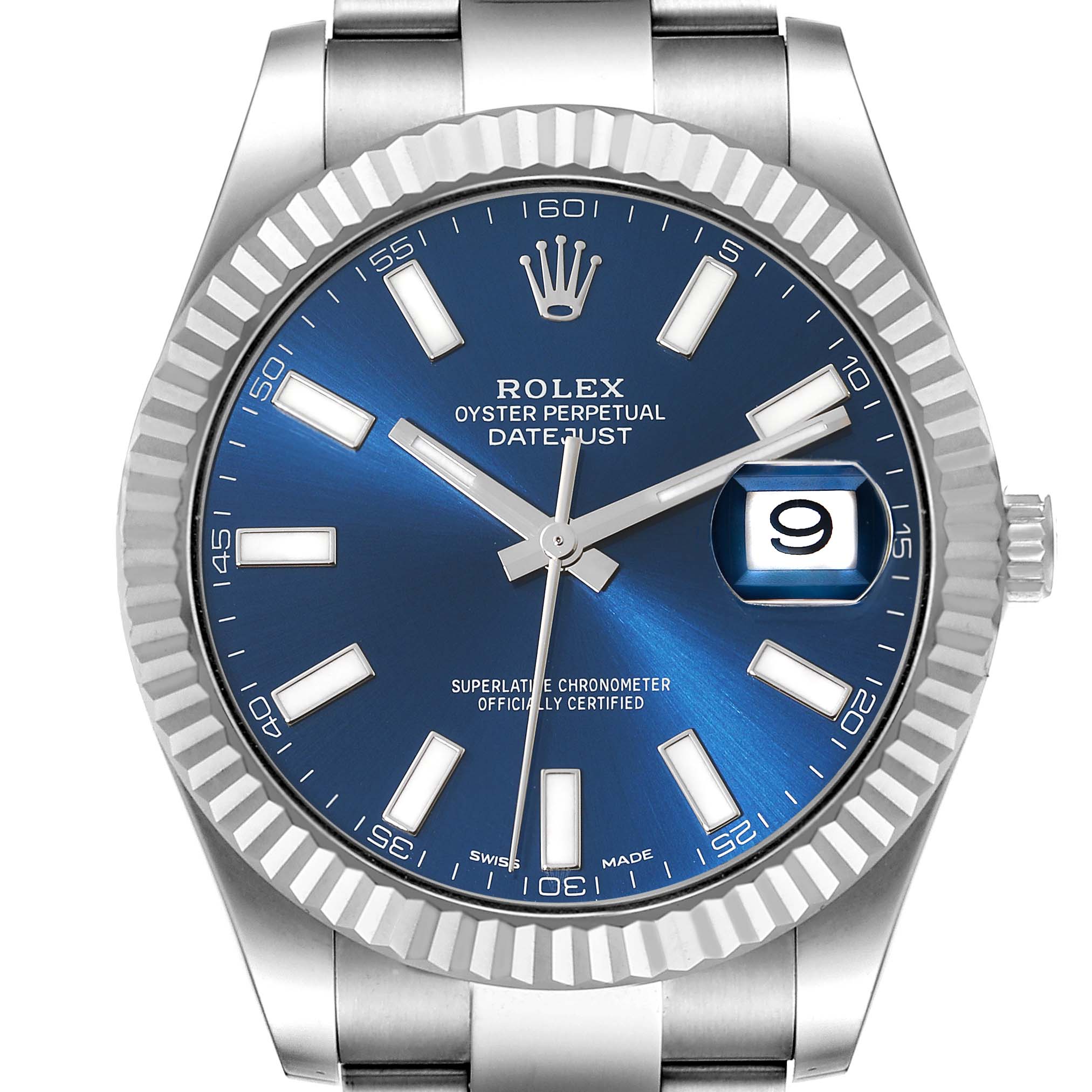 This image shows a close-up, front-facing view of the Rolex Datejust 41 116334 Men
s Stainless Steel Blue Dial 116334 Men
s Stainless Steel Blue Dial, highlighting its blue dial, fluted bezel, and date window.