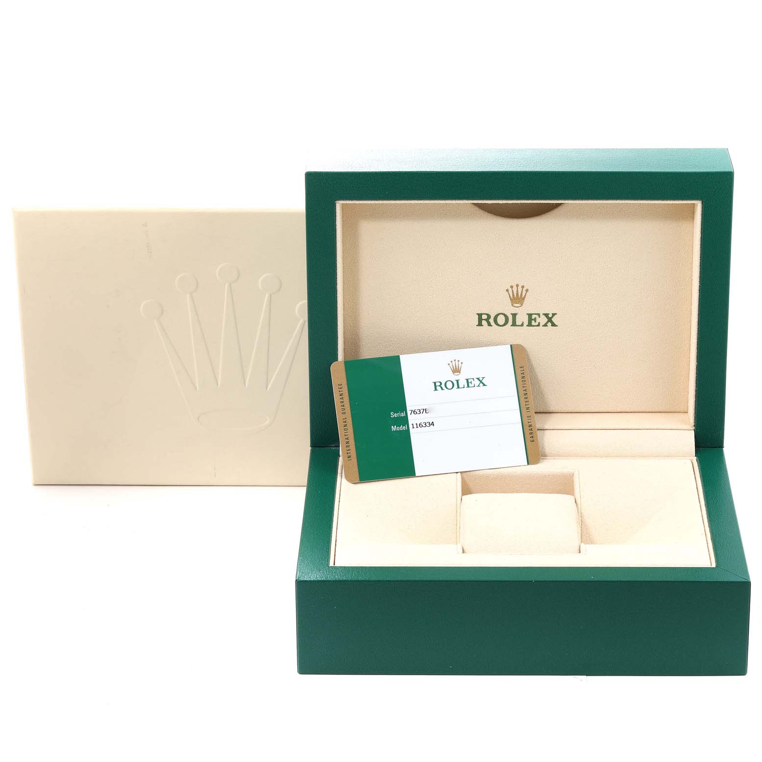 This image shows the packaging and warranty card of a Rolex Datejust 41 116334 Men
s Stainless Steel Blue Dial 116334 Men
s Stainless Steel Blue Dial model, including the outer box, inner box, and cardholder.