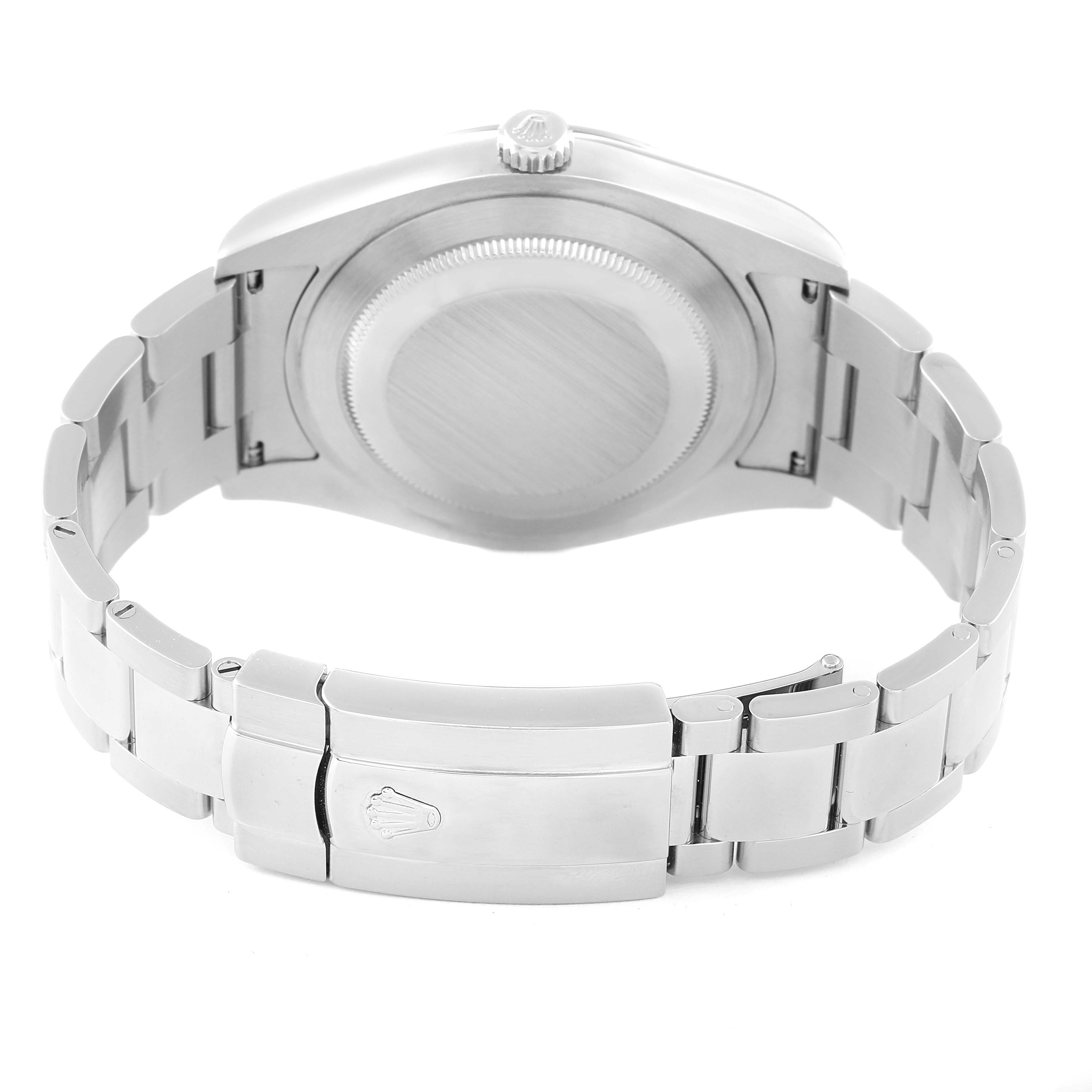 This image shows the back view of the Rolex Datejust 41 116334 Men
s Stainless Steel Blue Dial 116334 Men
s Stainless Steel Blue Dial watch, highlighting the case back and the Oyster bracelet clasp.