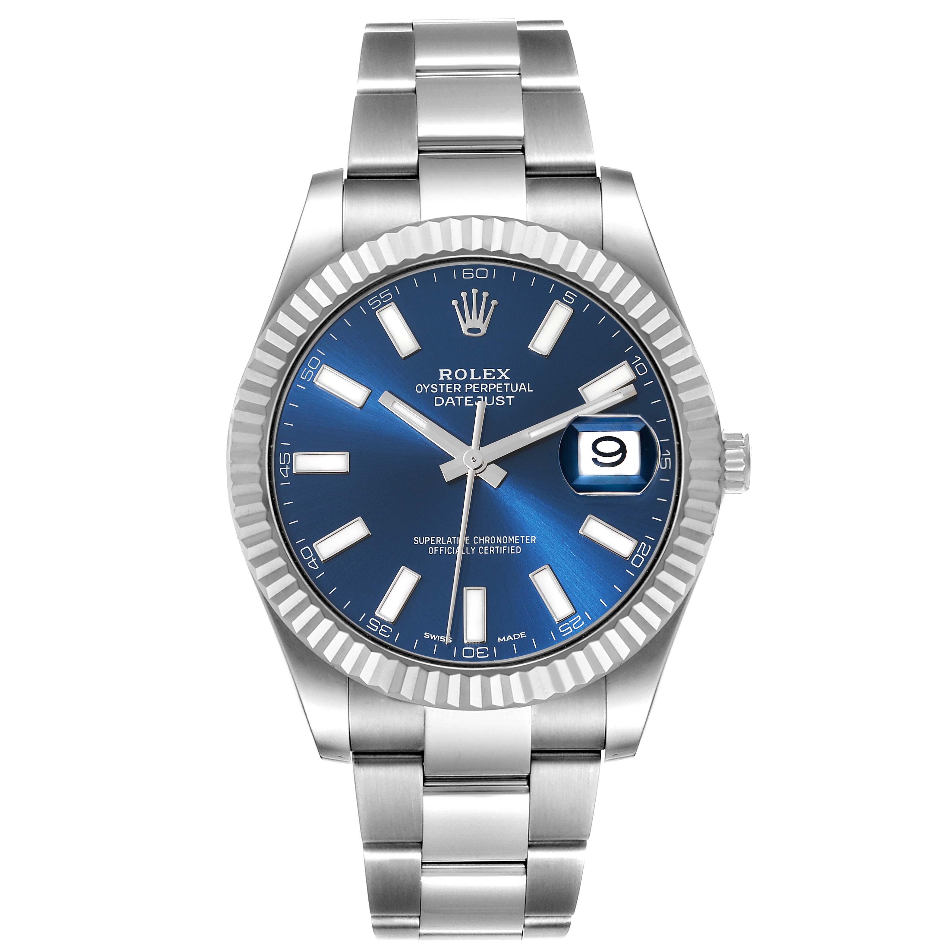 The image shows a front view of a Rolex Datejust 41 116334 Men
s Stainless Steel Blue Dial 116334 Men
s Stainless Steel Blue Dial watch with a blue dial and Oystersteel bracelet.