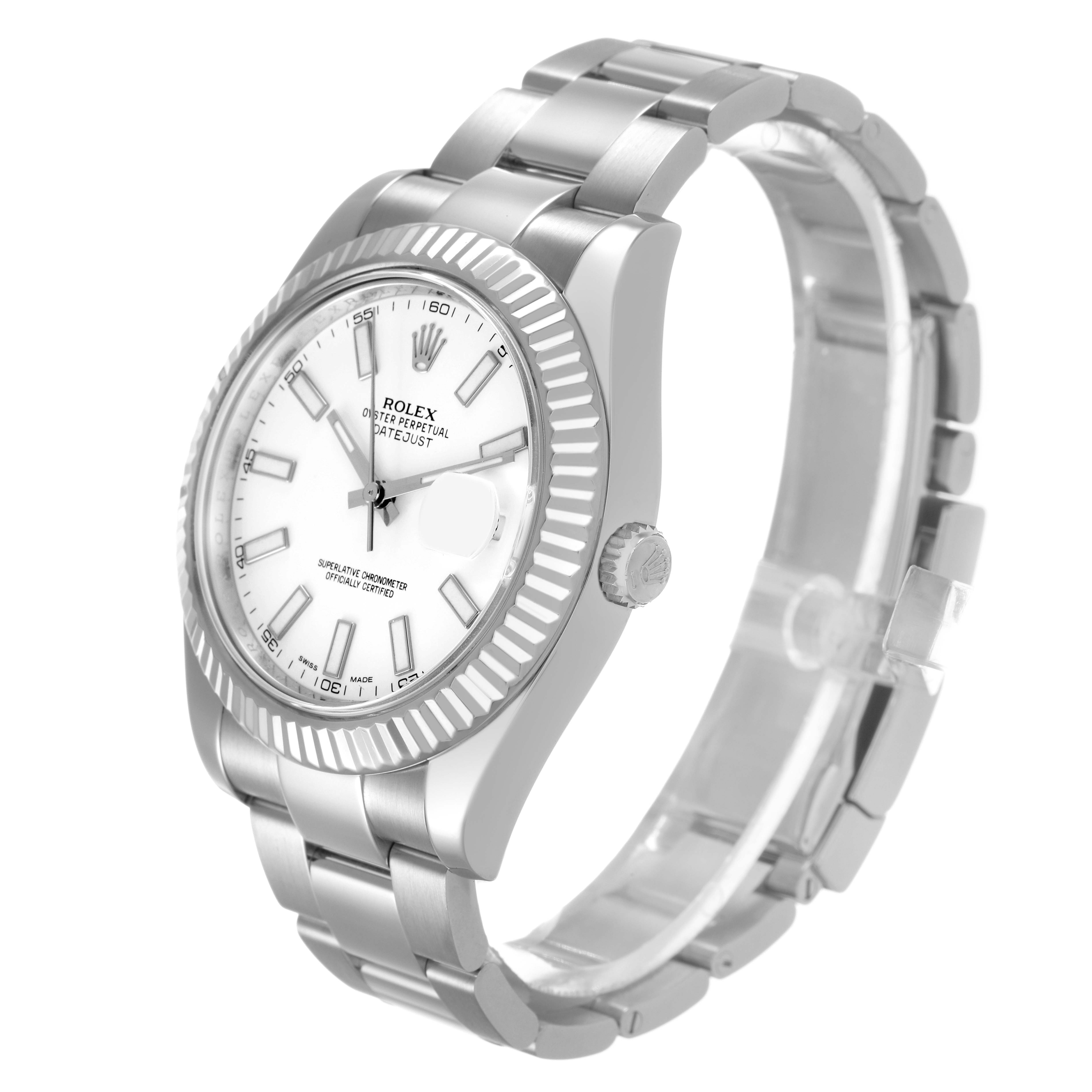 The Rolex Datejust 41 116334 Mens Stainless Steel White Dial is shown at an angled side view displaying the dial, bezel, crown, and part of the bracelet.
