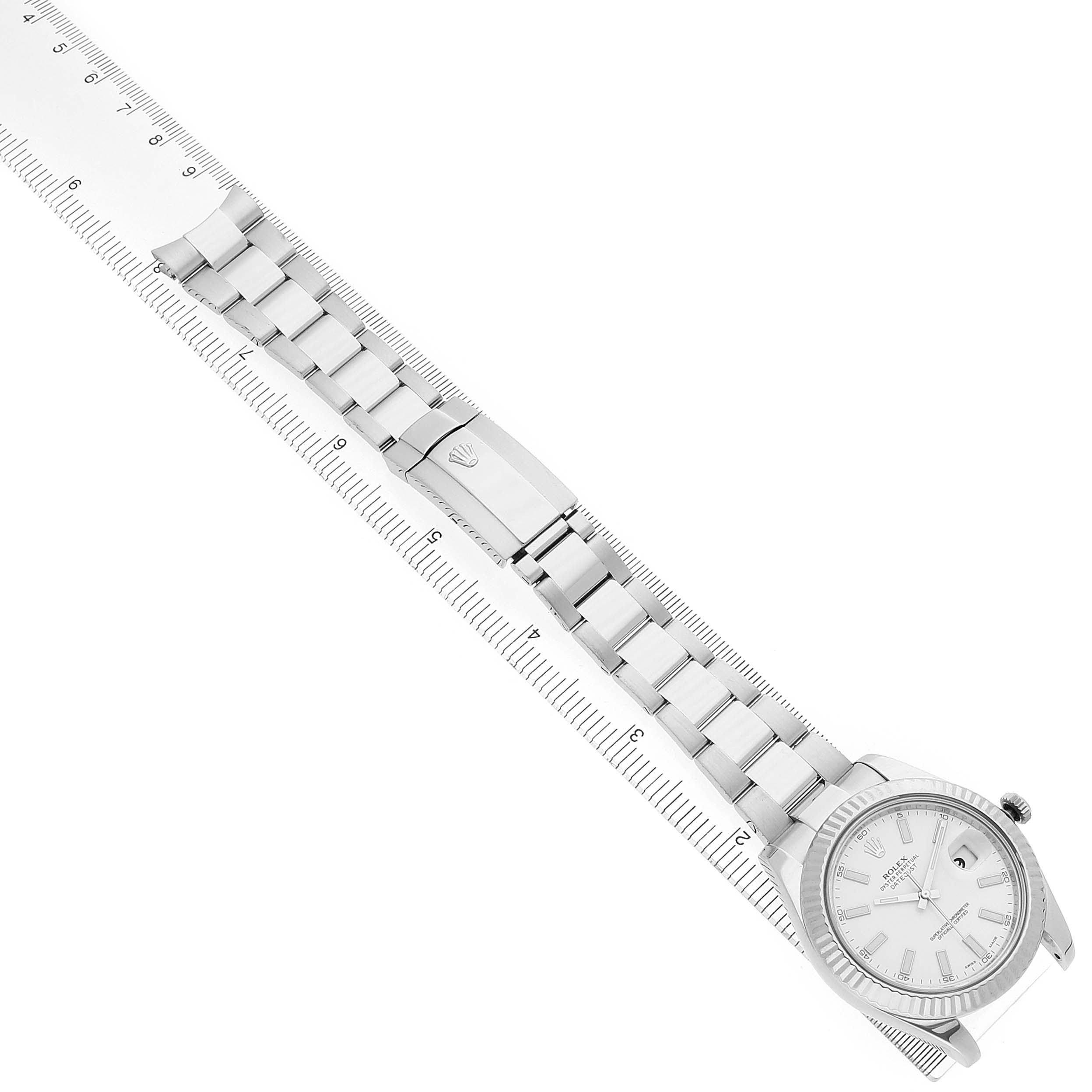 The Rolex Datejust 41 116334 Mens Stainless Steel White Dial is shown from a top view, displaying the full bracelet, clasp, and watch face.