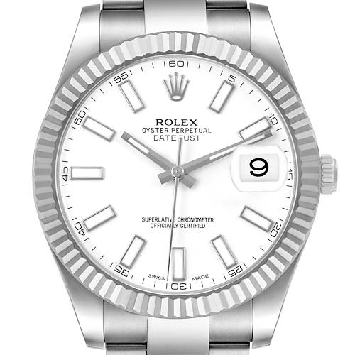The Rolex Datejust 41 116334 Men's Stainless Steel White Dial is shown from the front, highlighting its white dial, fluted bezel, and date window.