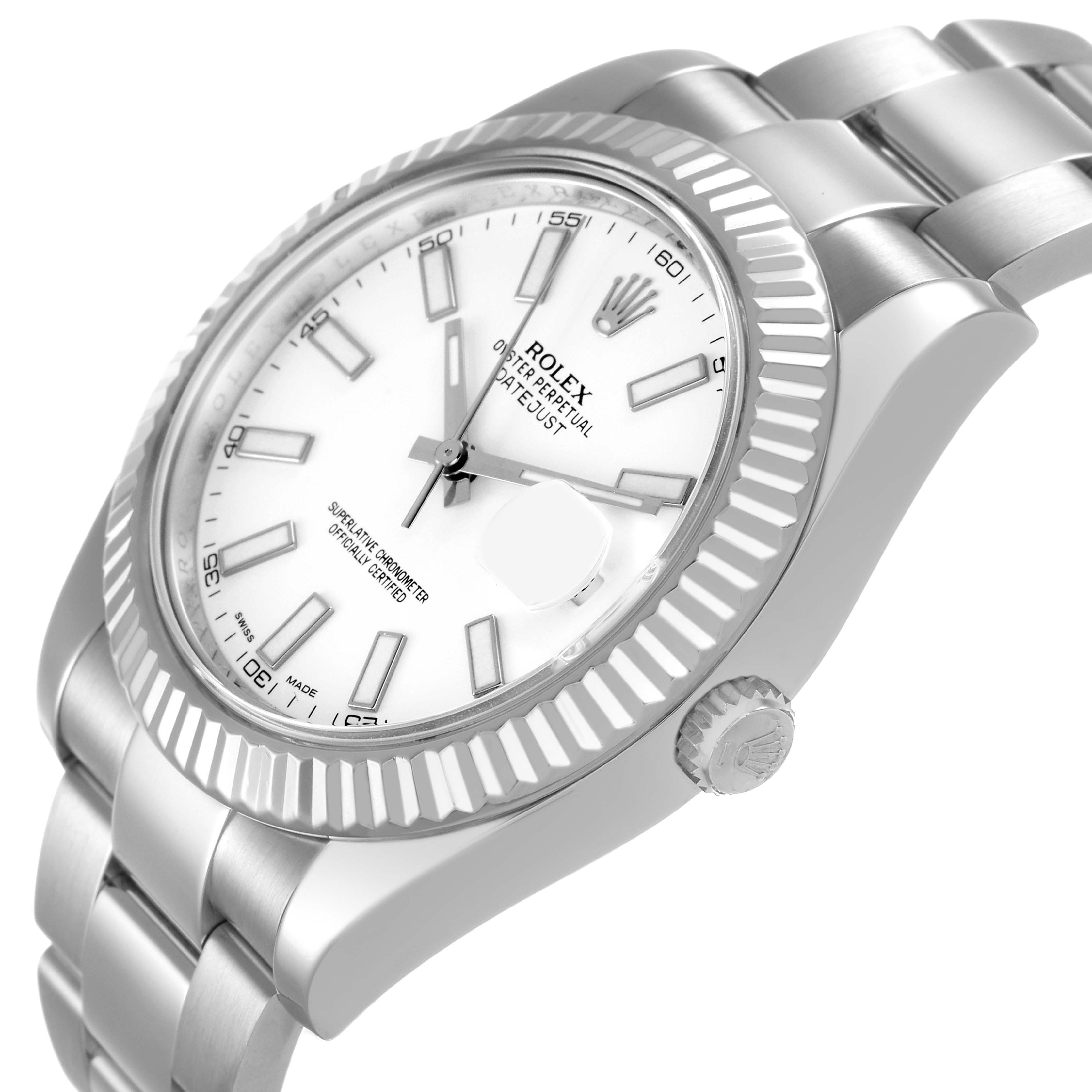 The Rolex Datejust 41 116334 Mens Stainless Steel White Dial is shown at an angled side view, highlighting the white dial, fluted bezel, and oyster bracelet.