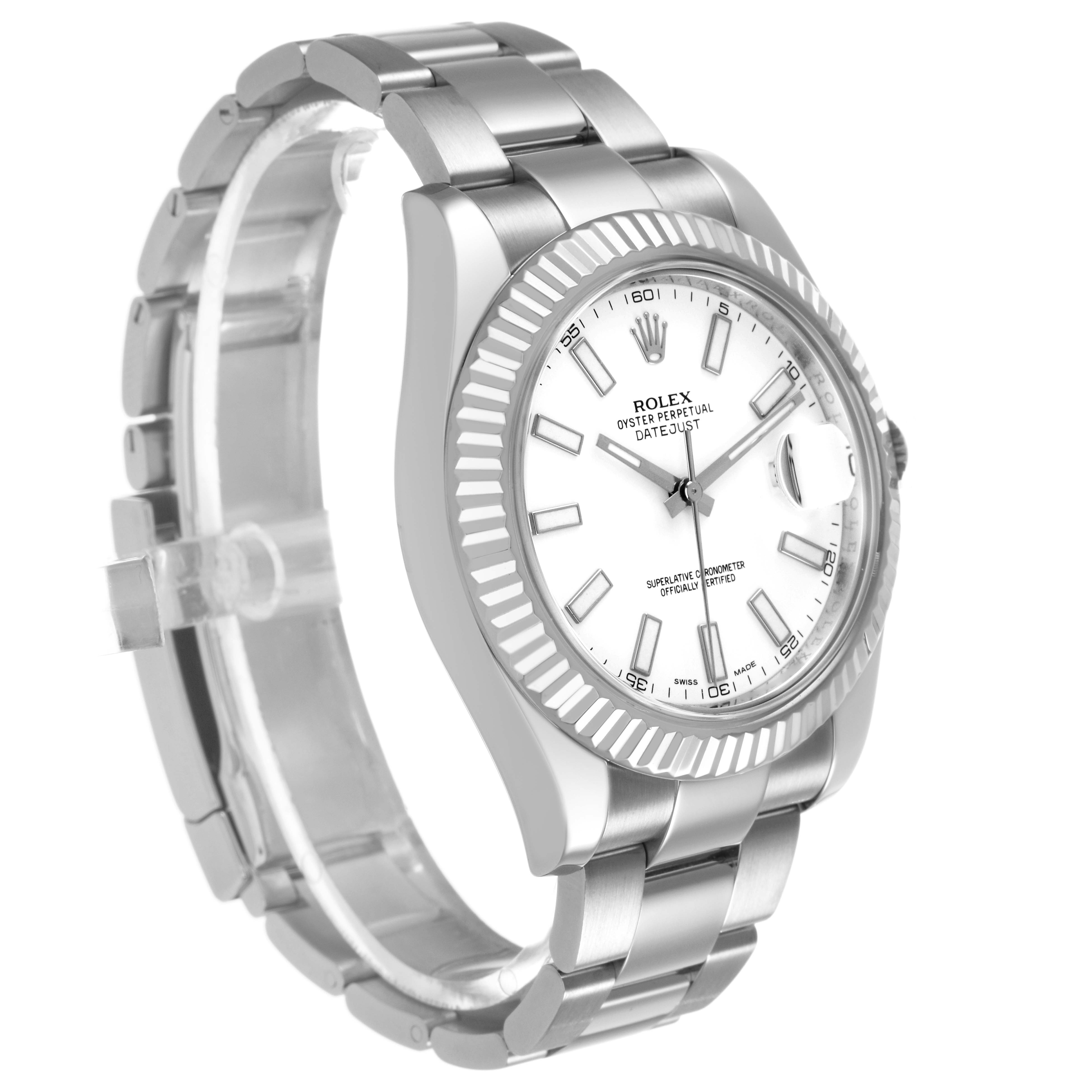 The Rolex Datejust 41 116334 Mens Stainless Steel White Dial is shown at a side angle, highlighting the bracelet, case, bezel, crown, and dial.