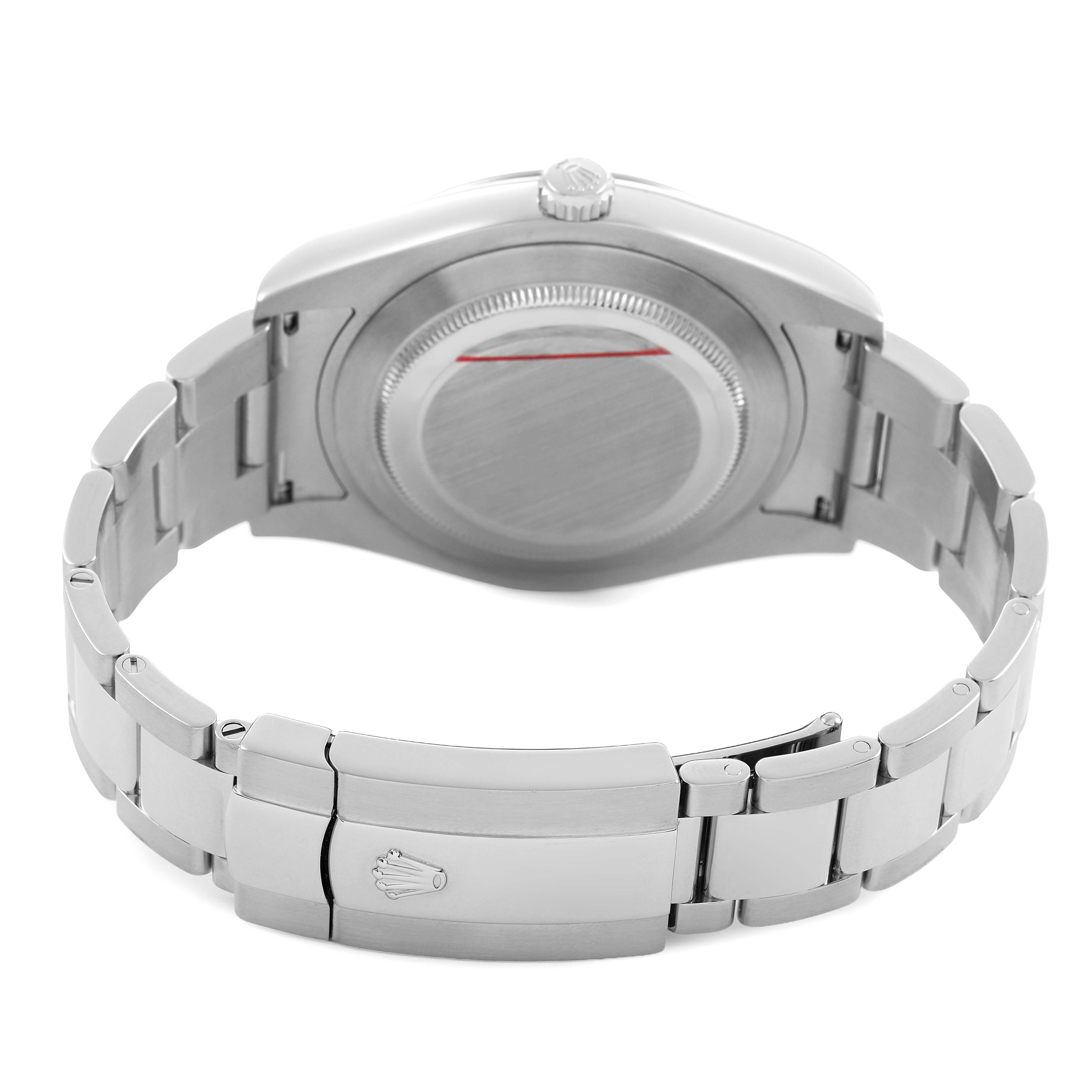 The image shows the back of the Rolex Datejust 41 116334 Mens Stainless Steel White Dial, highlighting the case, screw-down case back, and stainless steel bracelet with clasp.