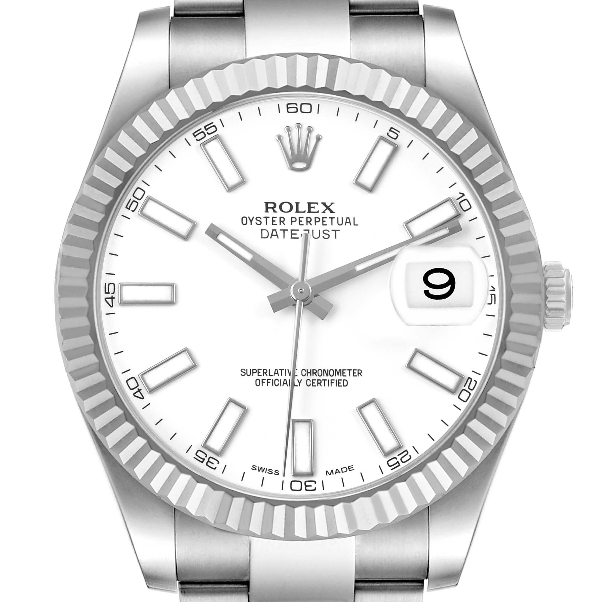 The Rolex Datejust 41 116334 Mens Stainless Steel White Dial is shown from the front, displaying the dial, hands, date, bezel, and part of the bracelet.