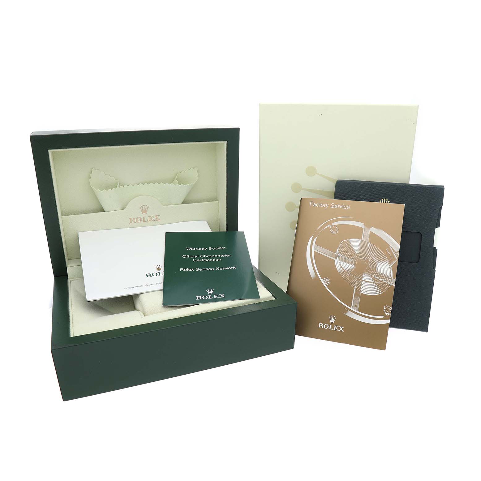 The image shows the packaging and accessories for a Rolex Datejust 41 116334 Mens Stainless Steel White Dial, including booklets and a box.