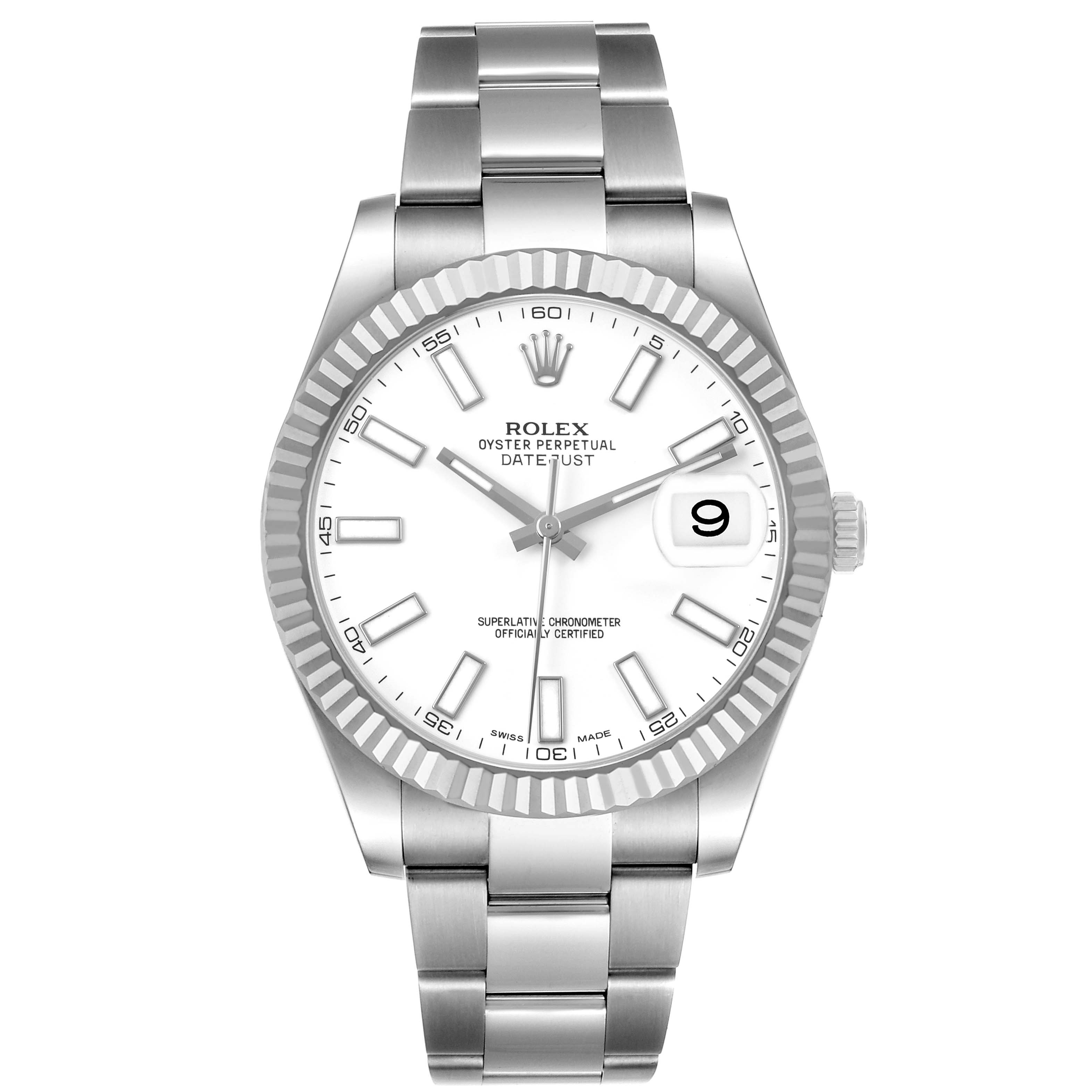 The image shows a frontal view of the Rolex Datejust 41 116334 Mens Stainless Steel White Dial, displaying its dial, bezel, bracelet, and crown.