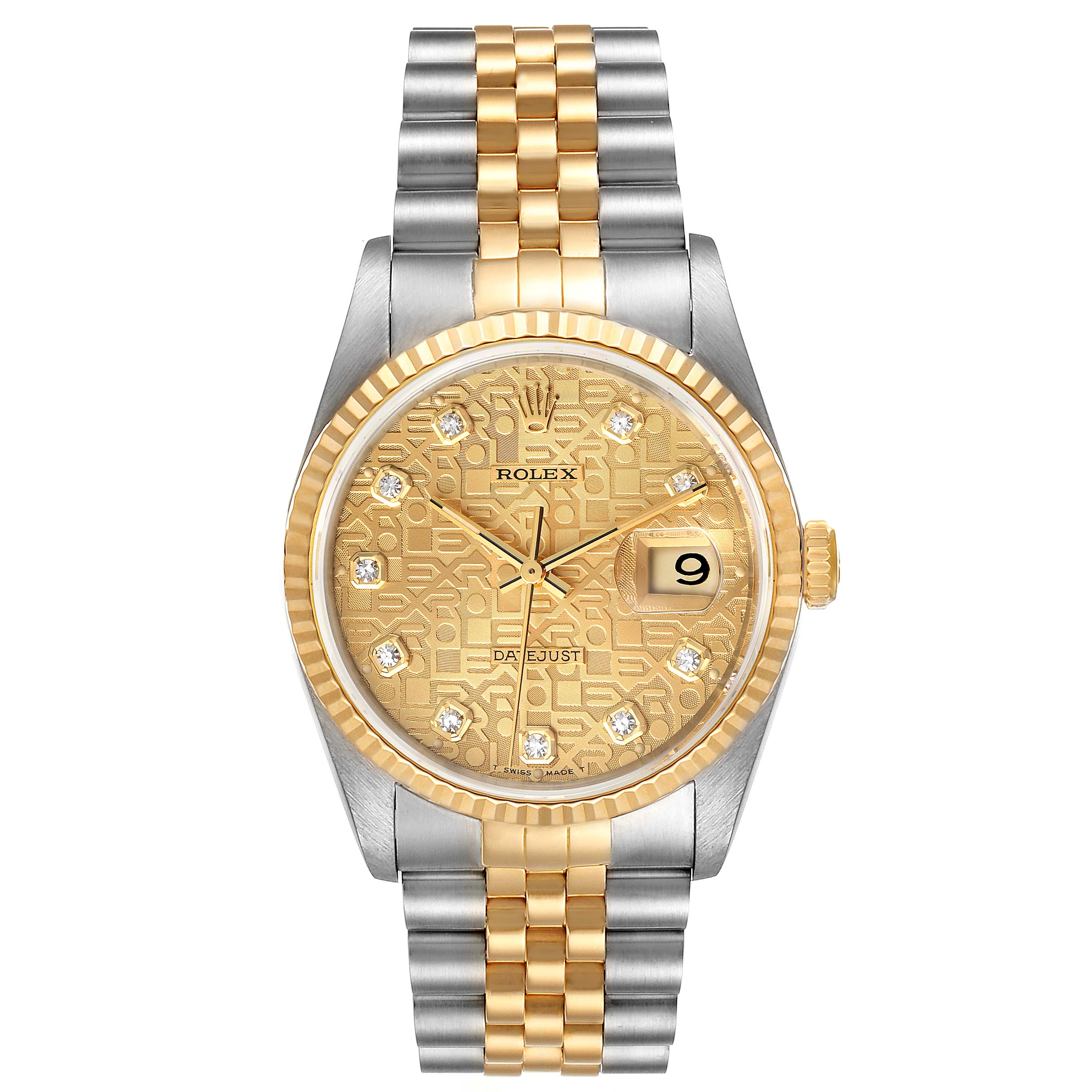 The image shows a Rolex Datejust 16233 Men's Steel and Gold (two tone) Champagne Dial 16233 Men's Steel and Gold (two tone) Champagne Dial watch with a two-tone bracelet, gold dial, date display, and diamond hour markers.
