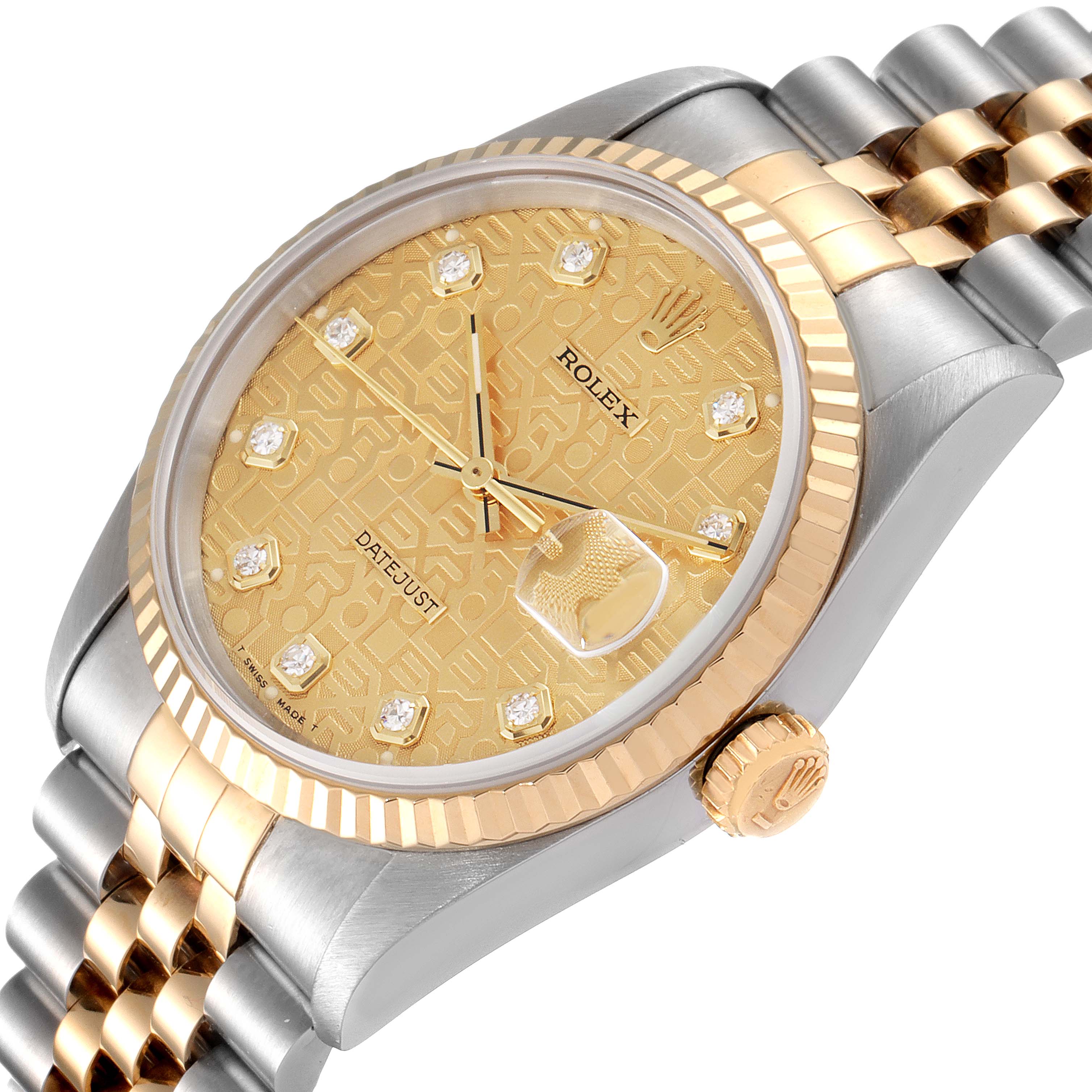 The Rolex Datejust 16233 Men's Steel and Gold (two tone) Champagne Dial 16233 Men's Steel and Gold (two tone) Champagne Dial watch is shown at an angle, highlighting its gold dial, fluted bezel, and two-tone metal bracelet.