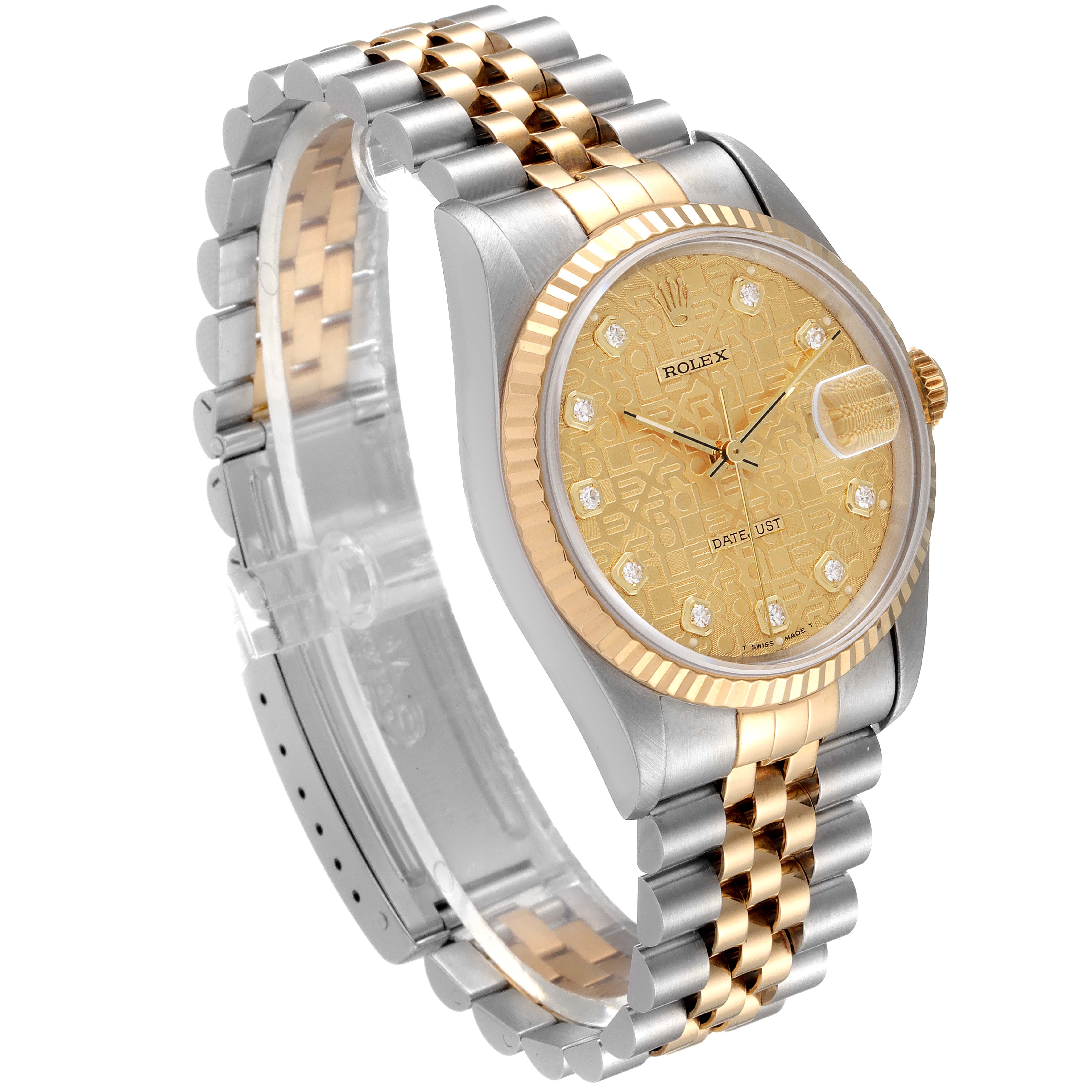 The Rolex Datejust 16233 Men's Steel and Gold (two tone) Champagne Dial 16233 Men's Steel and Gold (two tone) Champagne Dial watch is shown from an angled front view, displaying the face, bezel, and two-tone bracelet.