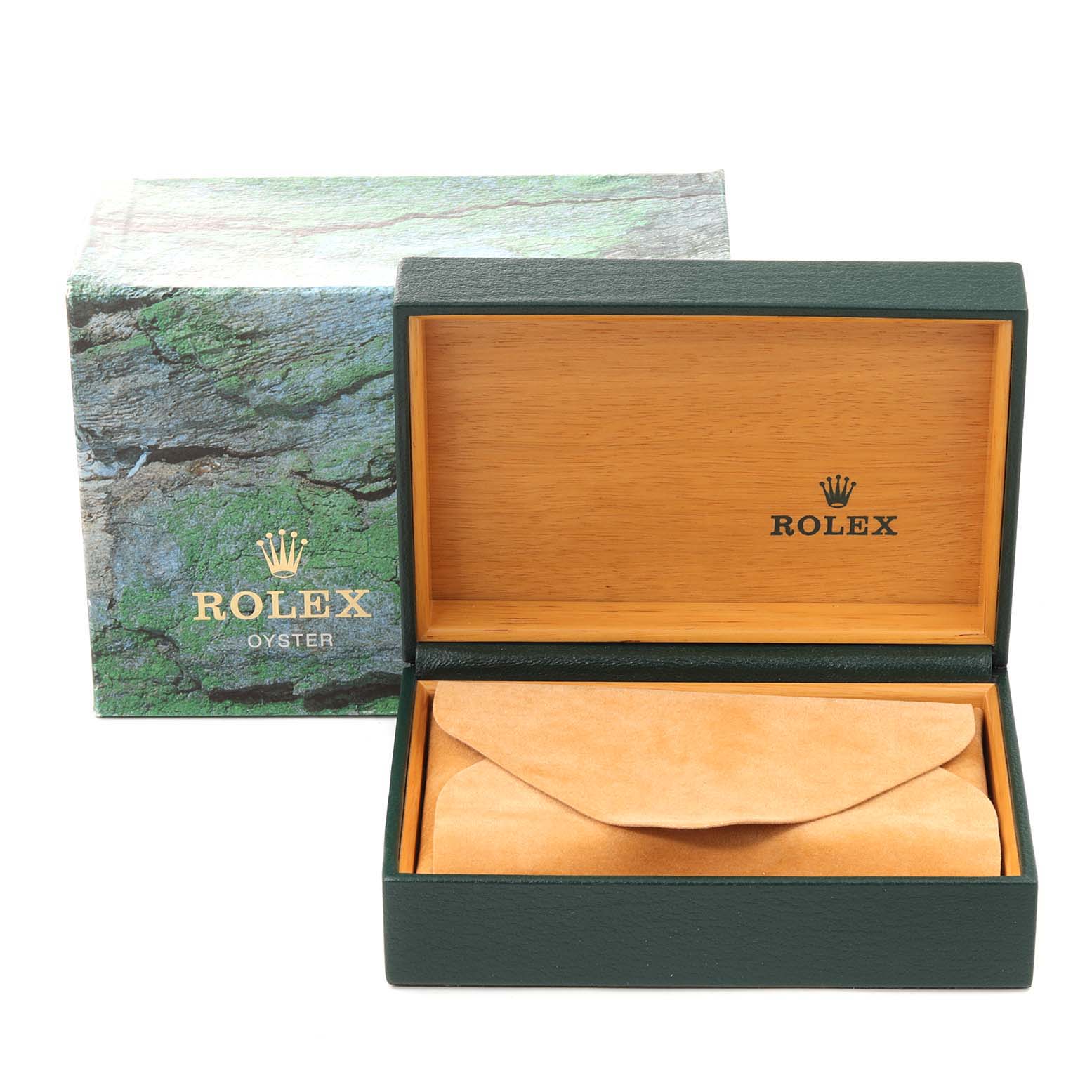 This image shows the opened box and protective pouch for a Rolex Datejust 16233 Men's Steel and Gold (two tone) Champagne Dial 16233 Men's Steel and Gold (two tone) Champagne Dial watch.