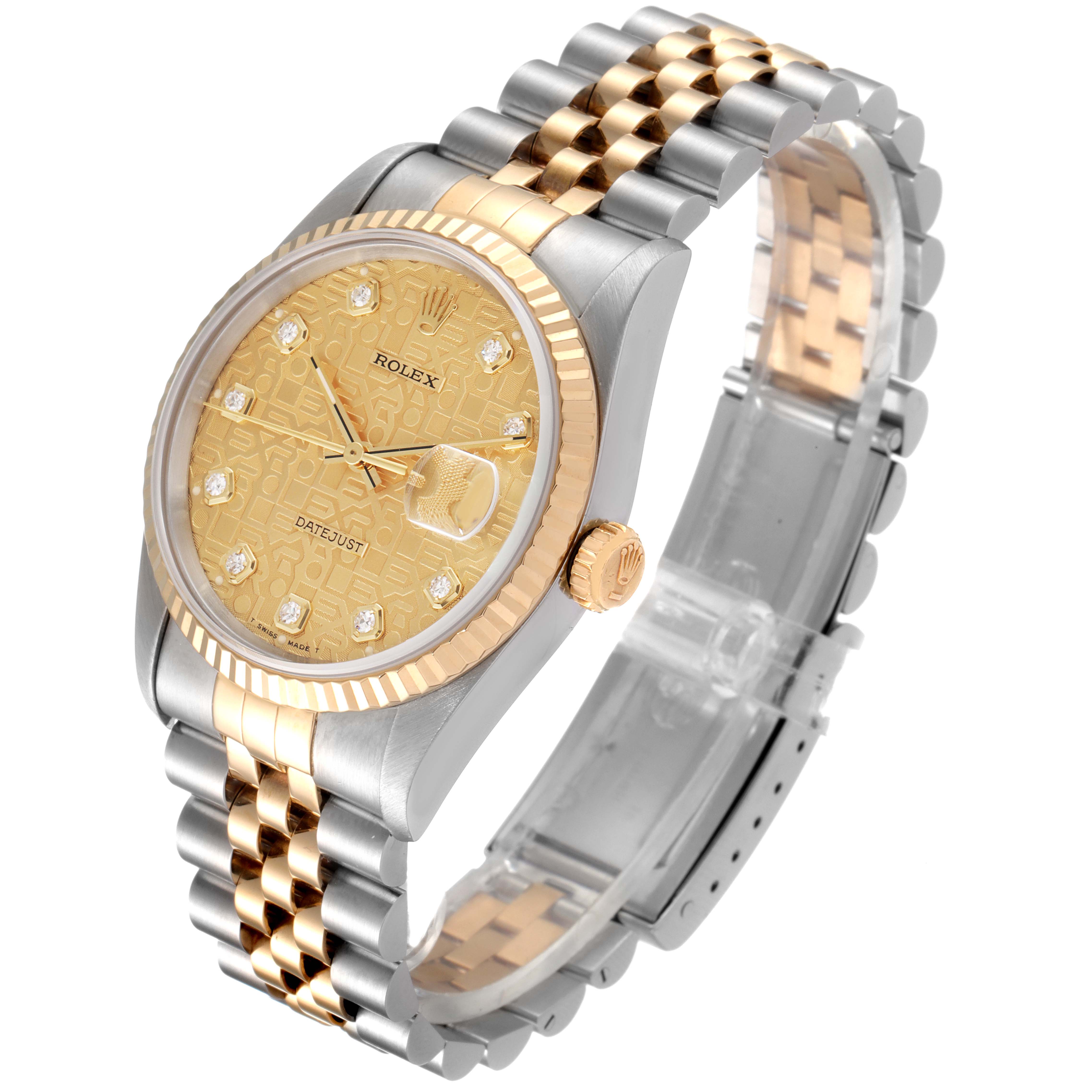 The Rolex Datejust 16233 Men's Steel and Gold (two tone) Champagne Dial 16233 Men's Steel and Gold (two tone) Champagne Dial watch is shown at a slight side angle, displaying its two-tone band, dial, bezel, and crown.