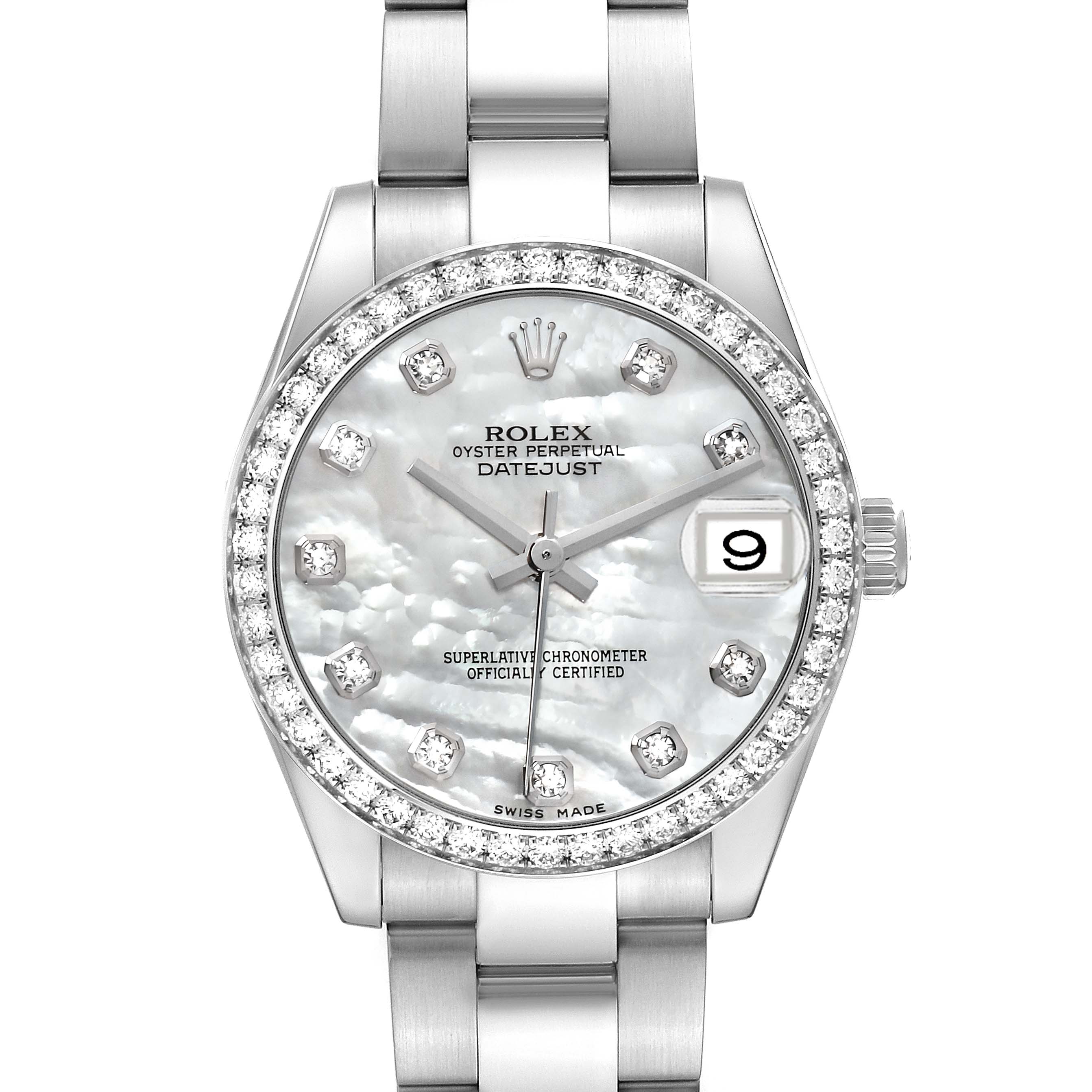 The Rolex Mid-Size 178384 Women
s Stainless Steel Mother of Pearl Dial 178384 Women
s Stainless Steel Mother of Pearl Dial model is shown from a frontal angle, highlighting the dial, bezel, and part of the bracelet.