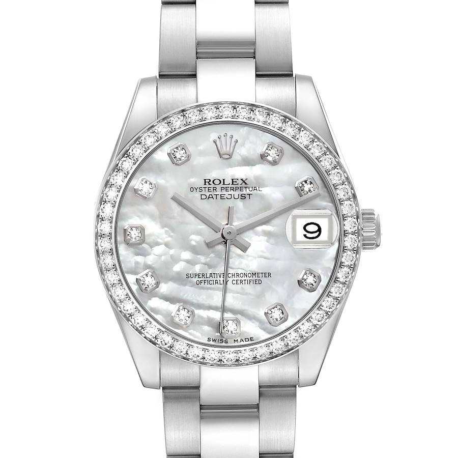 The Rolex Mid-Size model is shown from a frontal angle, highlighting the dial, bezel, and part of the bracelet.