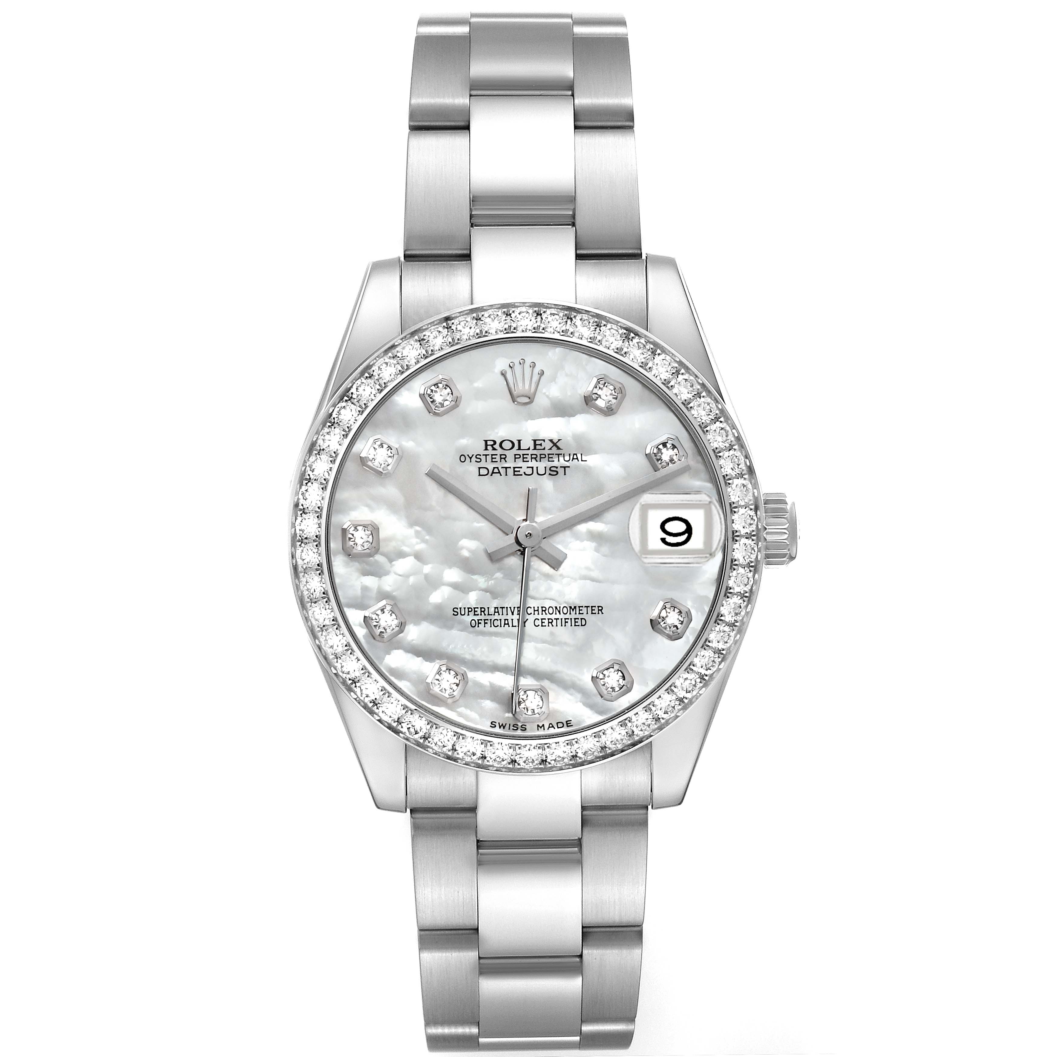The Rolex Datejust Mid-Size watch is shown from a front angle displaying the dial, bracelet, and bezel with diamond detailing.