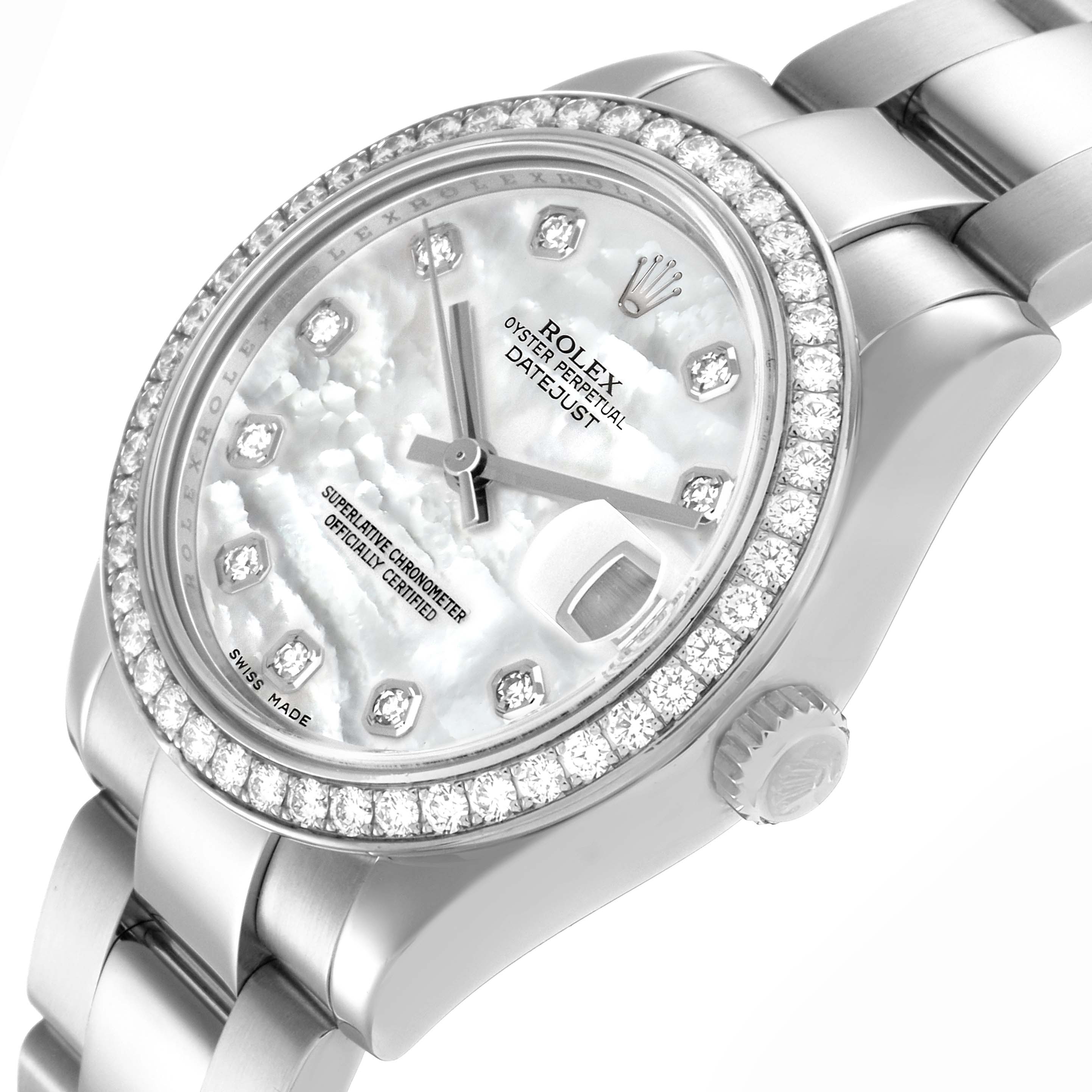 This Rolex Mid-Size 178384 Women
s Stainless Steel Mother of Pearl Dial 178384 Women
s Stainless Steel Mother of Pearl Dial Datejust watch is shown at an angle highlighting the dial, bezel, and bracelet.