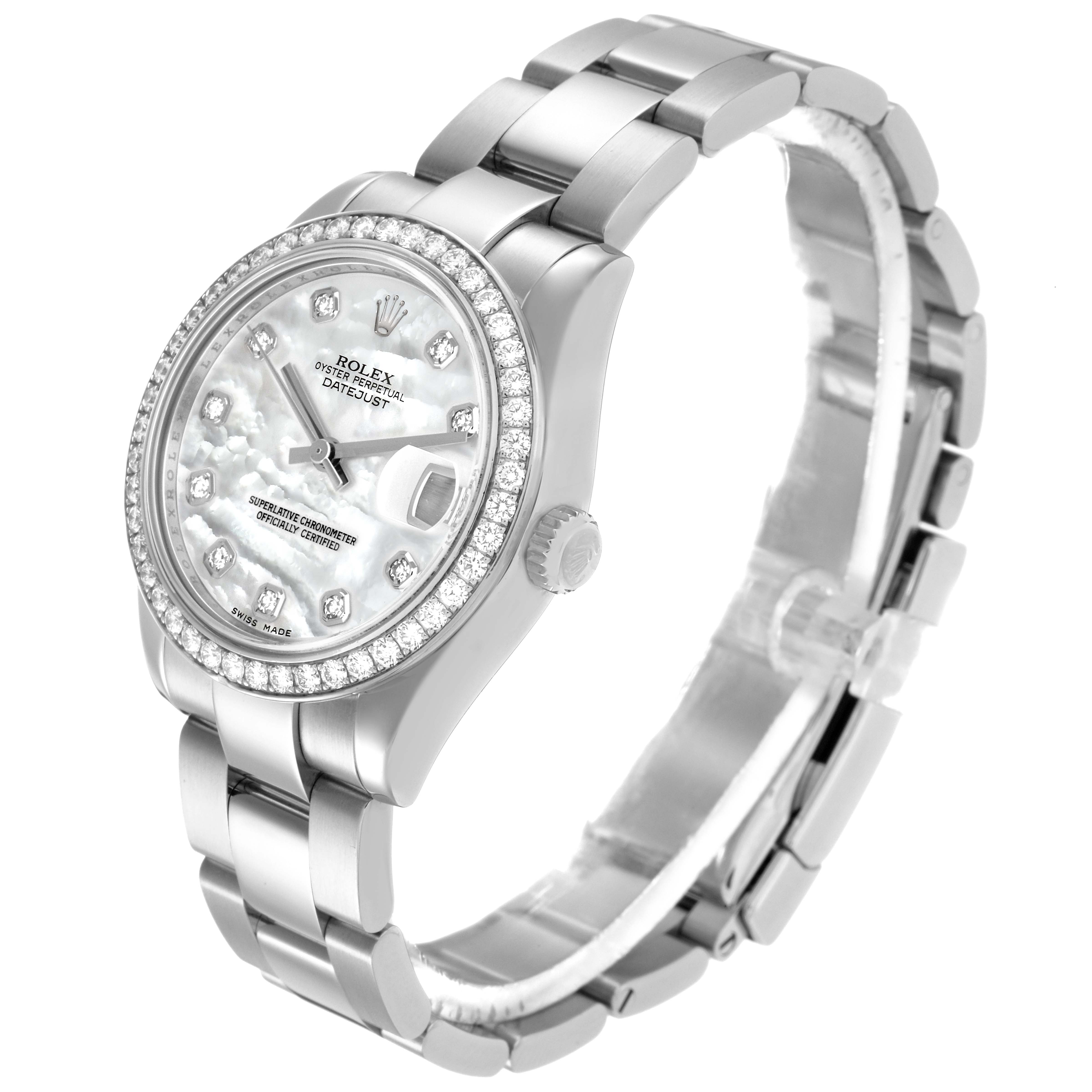 The Rolex Mid-Size 178384 Women
s Stainless Steel Mother of Pearl Dial 178384 Women
s Stainless Steel Mother of Pearl Dial watch is shown at a slight angle from above, highlighting the face, bezel, and part of the bracelet.