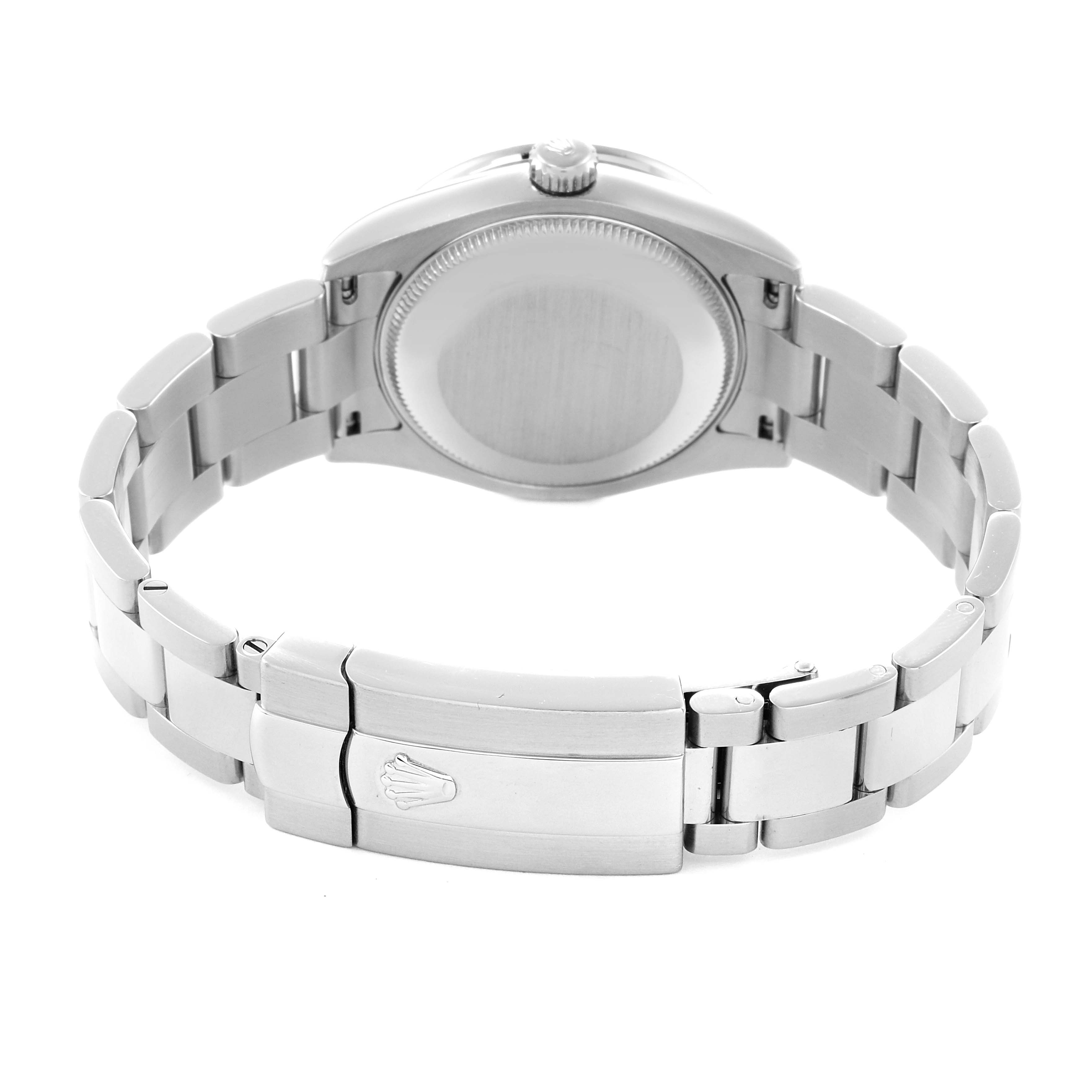 The Rolex Mid-Size 178384 Women
s Stainless Steel Mother of Pearl Dial 178384 Women
s Stainless Steel Mother of Pearl Dial model is shown from the back, displaying the case back and bracelet with a visible clasp.