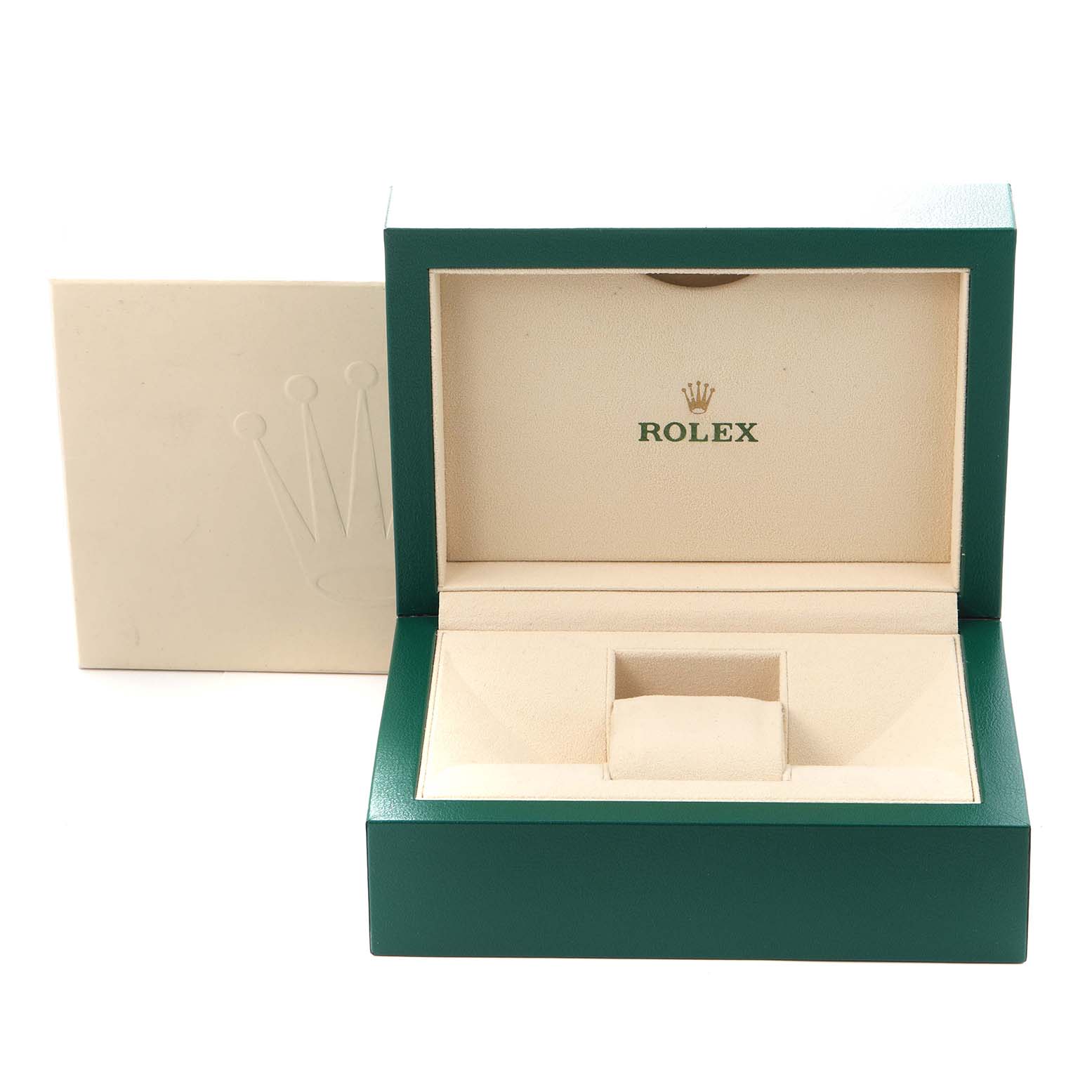 The image shows an open Rolex Mid-Size 178384 Women
s Stainless Steel Mother of Pearl Dial 178384 Women
s Stainless Steel Mother of Pearl Dial watch box at a front angle, with a green exterior and beige interior.