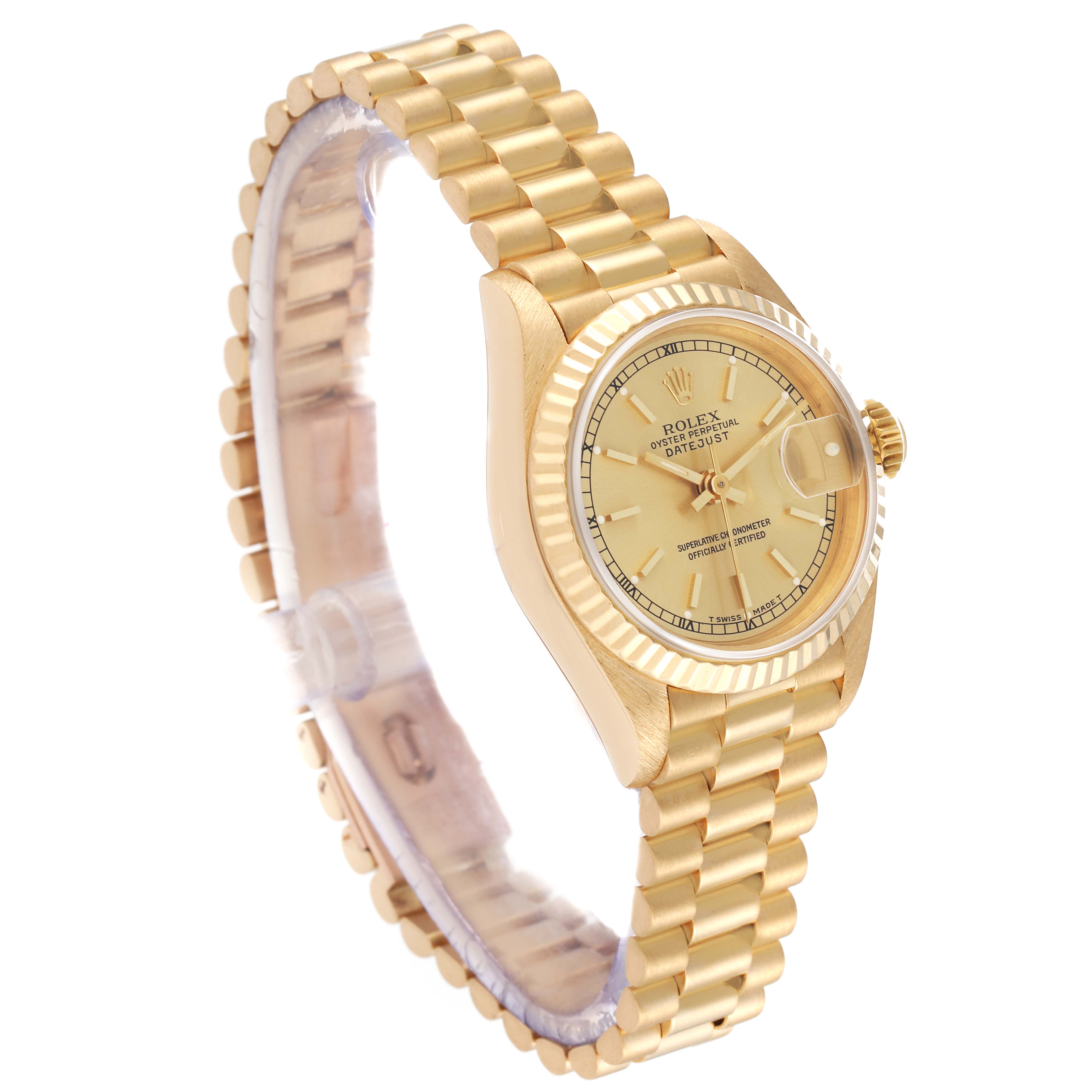 The Rolex President 69178 Women
s Yellow Gold Champagne Dial 69178 Women
s Yellow Gold Champagne Dial model is shown at an angle, highlighting its gold bracelet, bezel, and dial with a date feature.